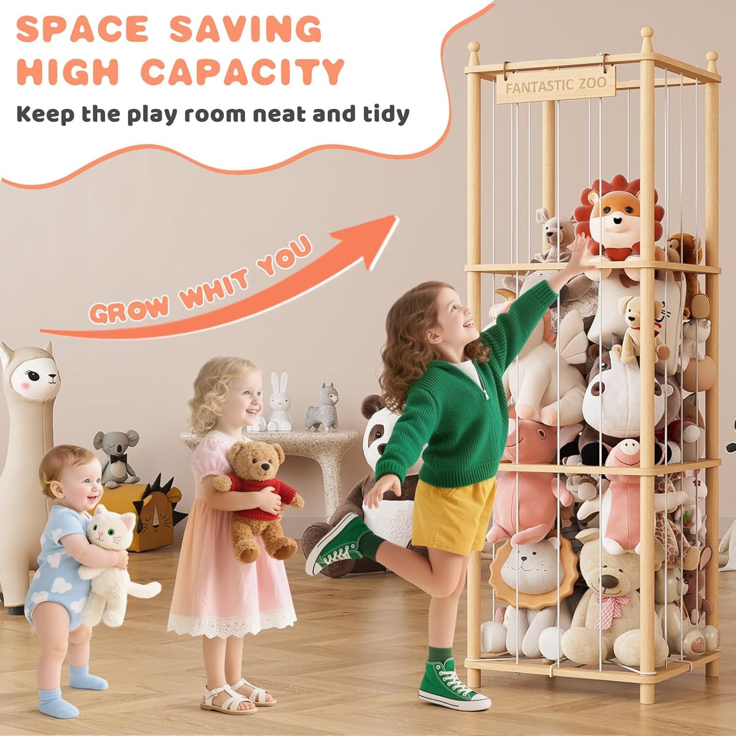 TOPMELON Stuffed Animal Zoo Storage, 16.8″ x 16.8″ x 53.6″ Large Capacity Plush Toy Organizer, Cute Zoo Toy Holder for Kids, Wooden Toys Organizer Tower for Playrooms & Children's Room