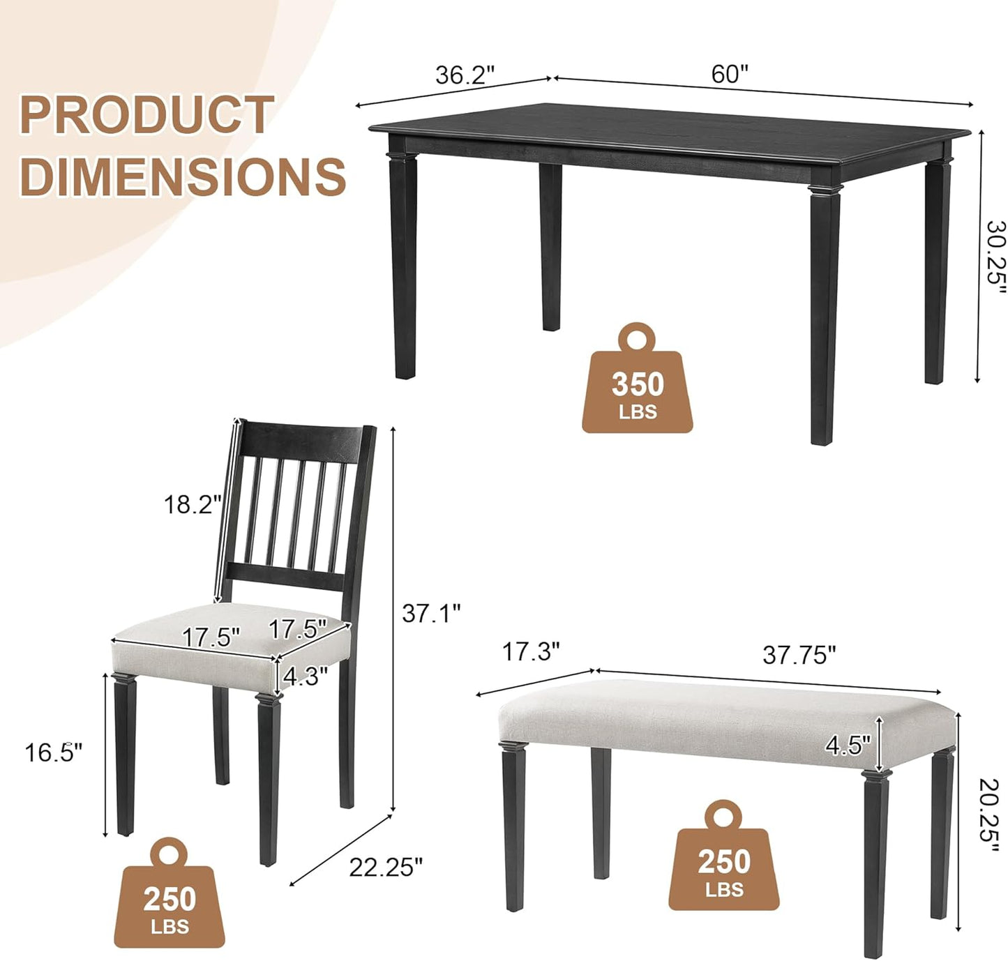 Merax 6-Piece Retro Dining Table Set, 6 Seats Wooden Rectangular Table, with 4 Chairs & 1 Bench for Kitchen Room, Classic Furniture, Dovetall Grey