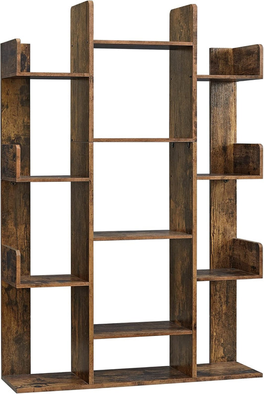 VASAGLE Bookshelf, Tree-Shaped Bookcase with 13 Storage Shelves, Rounded Corners, 9.8”D x 33.9”W x 55.1”H, Rustic Brown ULBC67BXV1