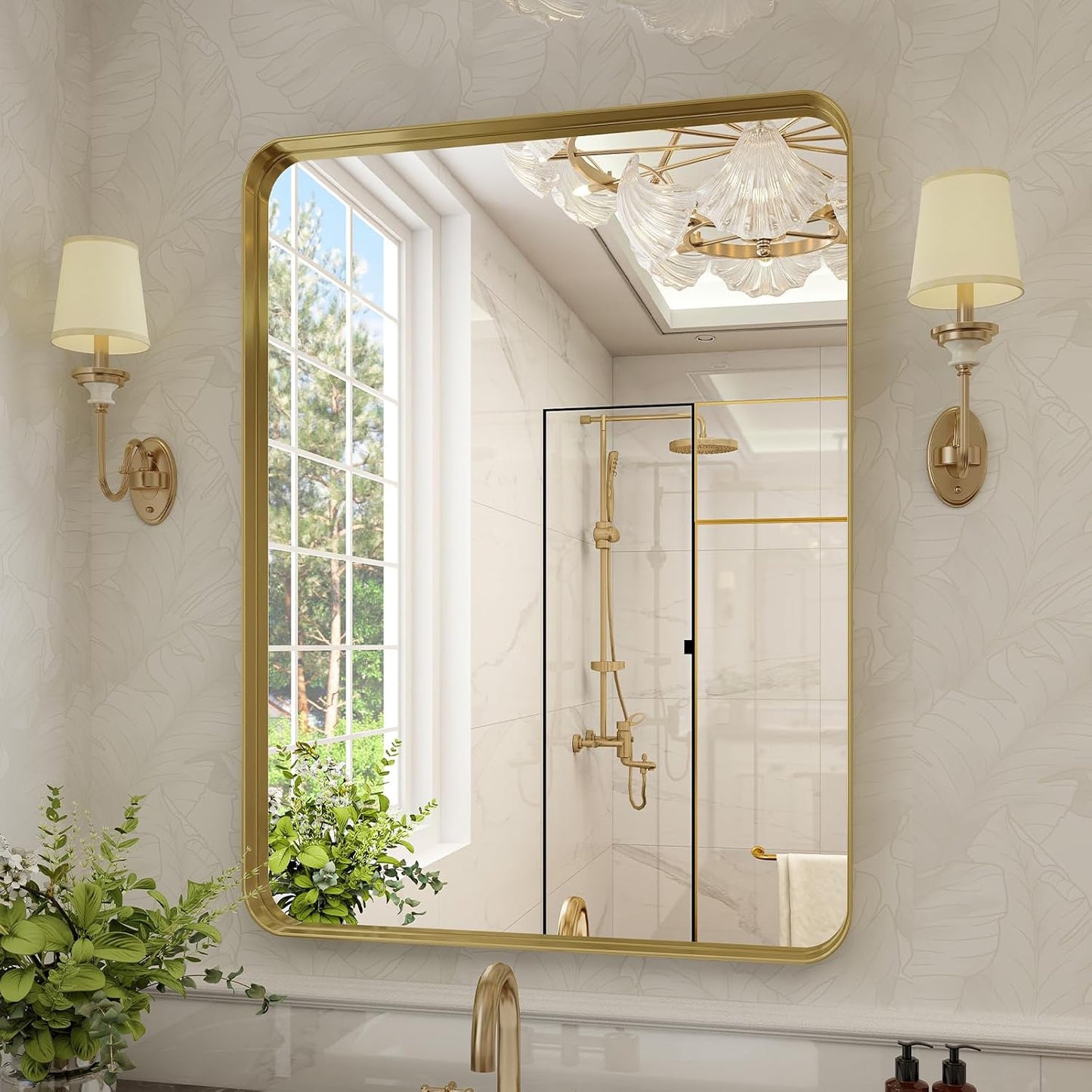 Bathroom Mirror 24x36 inch, Gold Gorgeous Deep Frame Wall Mirror, Modern Round Corner Bathroom Vanity Mirror for Bedroom, Living Room, Hanging or Leaning Horizontal or Vertical, Gold