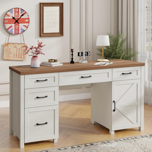 Farmhouse 61'' Executive Desk with 5 Drawers, Rustic Office Desk Computer Desk with Charging Station, File Drawers and Storage Cabinet, Wood Workstation for Home Office and Study.(Brown Top)