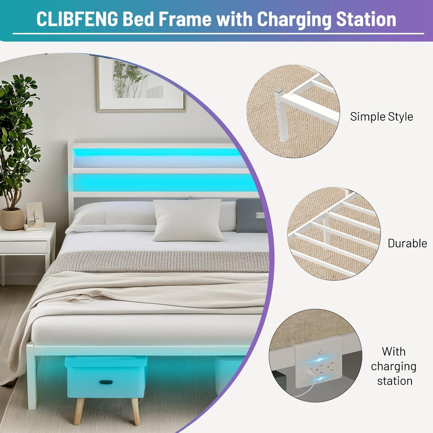 Queen Bed Frame with Headboard,Heavy Duty Steel Slats Support-LED Bed Frame with USB Charging Station,Mattress Foundation-Under Bed Storage,No Box Spring Needed,Noise Free,White