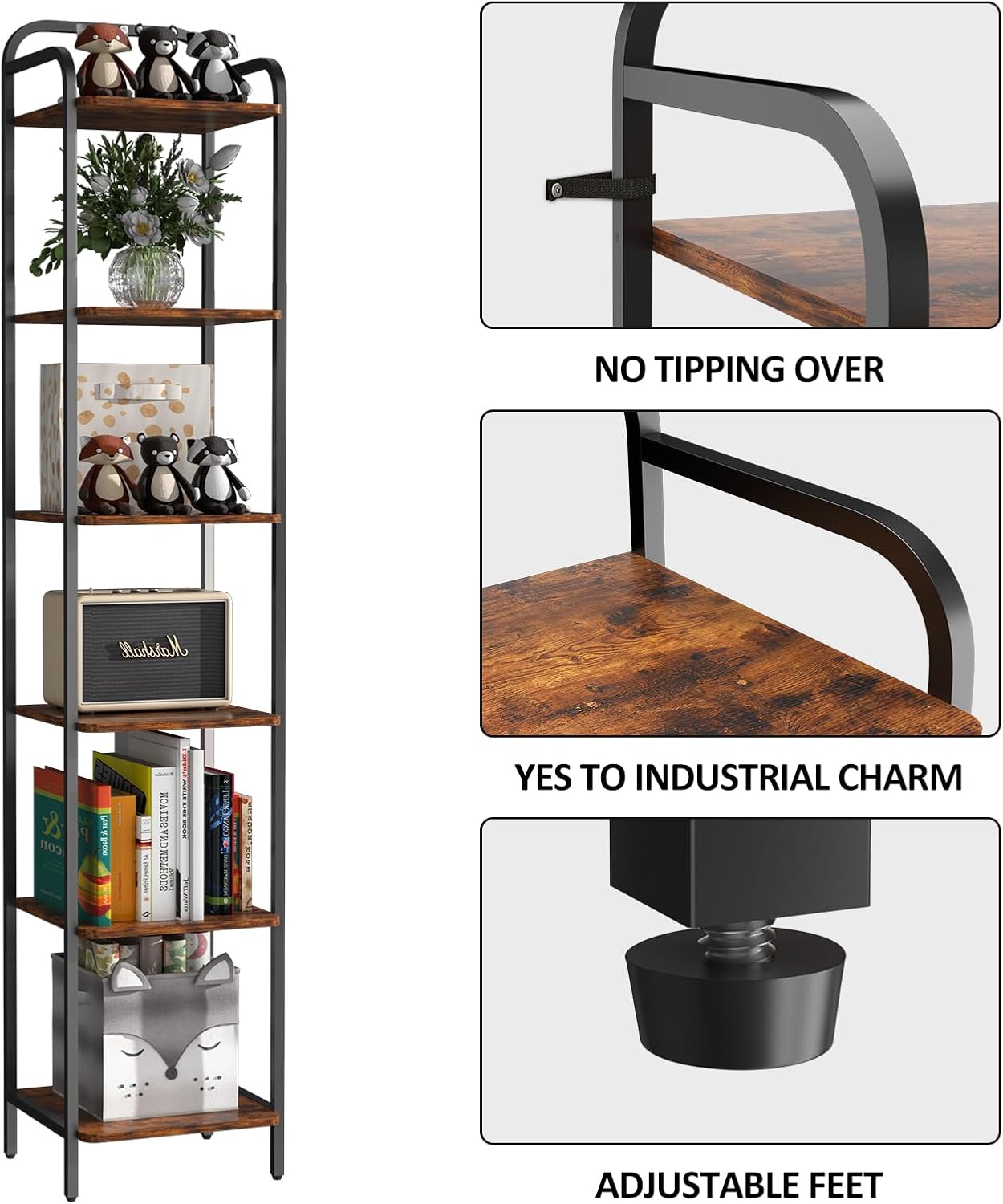 5 Tier Bookshelf, Bookcase with 5 Shelves, Storage Rack Organizer, Corner Wood Storage Shelf with Metal Frame for Bedroom, Living Room (Rustic Brown, 6 Tier)