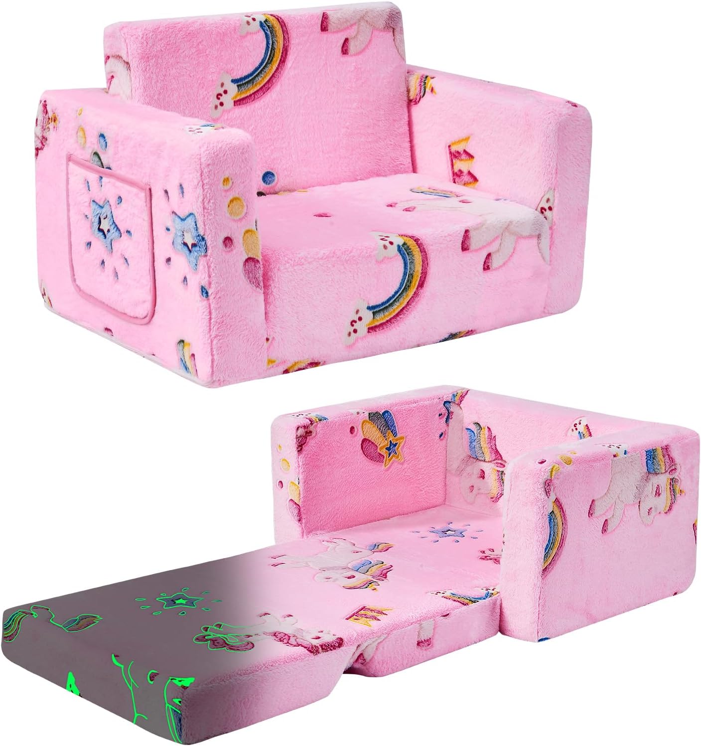 Toddler Chair Comfy,2-in-1 Soft Toddler Couch Fold Out for Kids,Convertible Sofa to Lounger,Gift for Girls and Boys Birthday,Rainbow