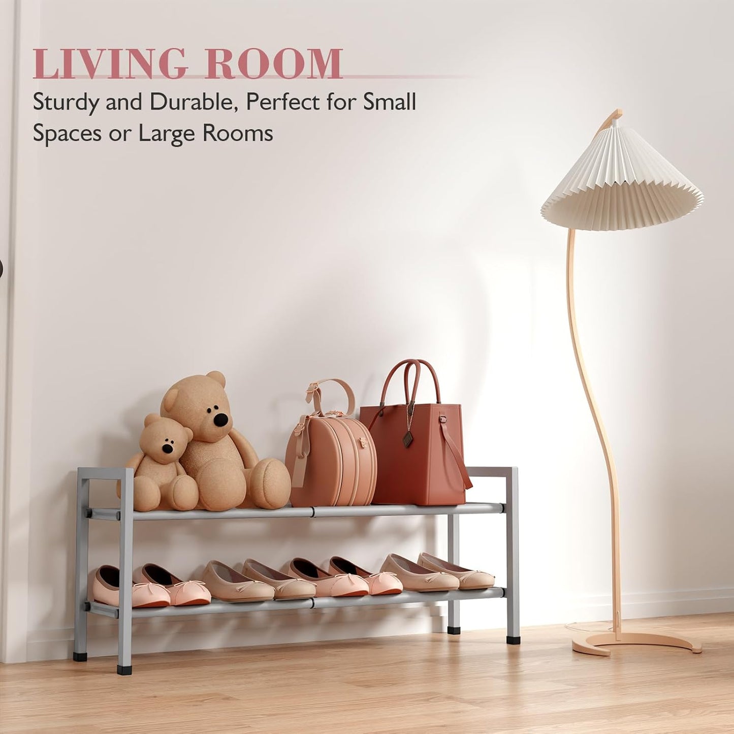 Bumusty 2 Tier Expandable Shoe Rack for Closet, 18“-33” Adjustable Shoe Rack for Small Space, Small Shoe Organizer for Front Door, Sturdy Metal, Light Grey