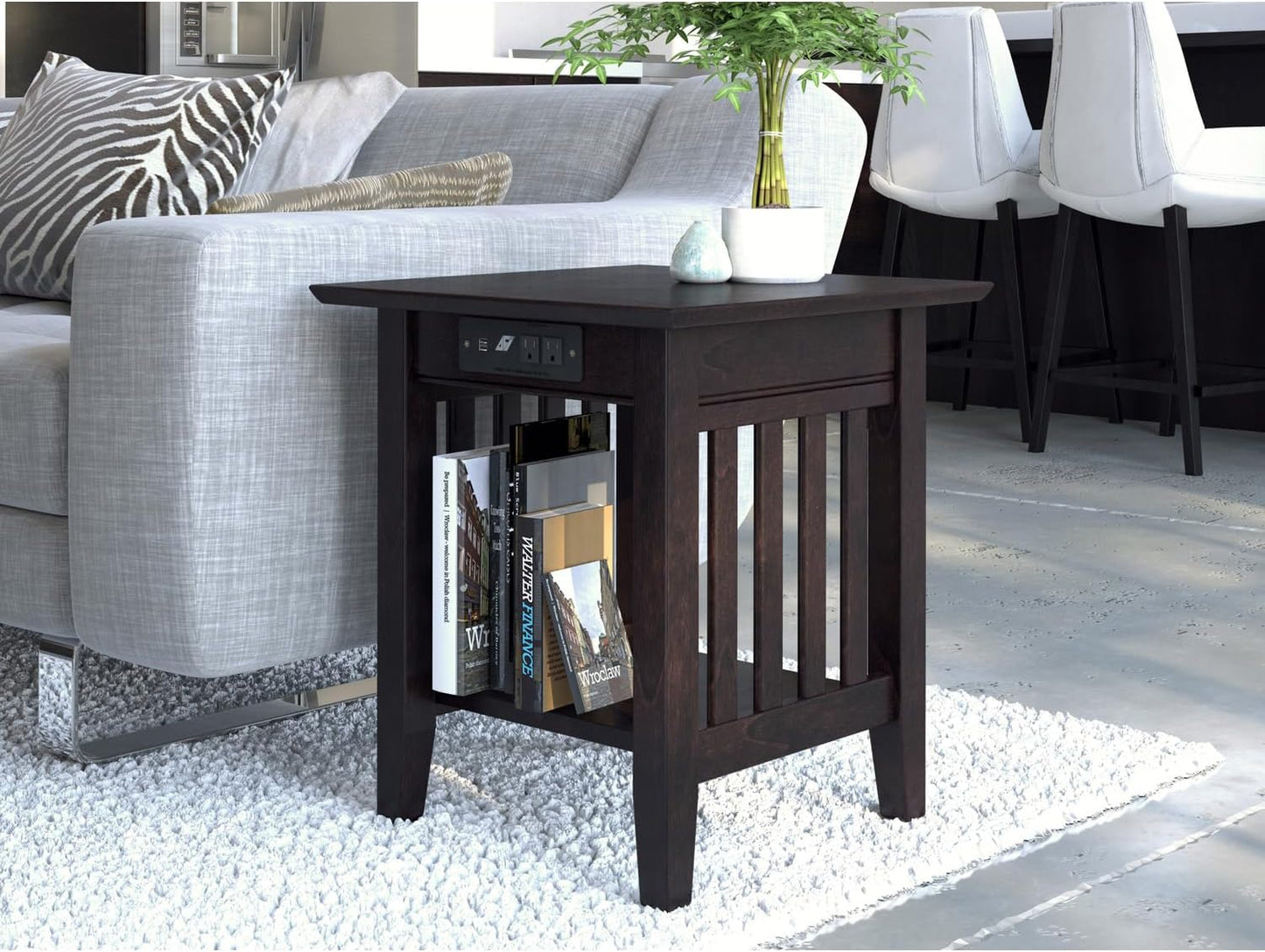 AFI, Mission End Table with Charging Station, Espresso