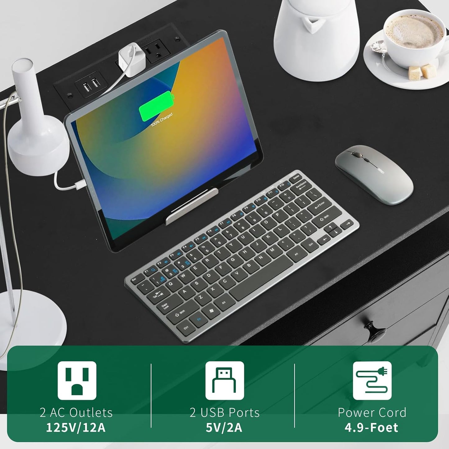 27 Inch Wide Night Stand, Large Wood Night Stand with 2 Drawer, LED Nightstand with Charging Station and Adjustable Drawer, Bedside Table for Living Room/Bedroom/Study/Office, Black.