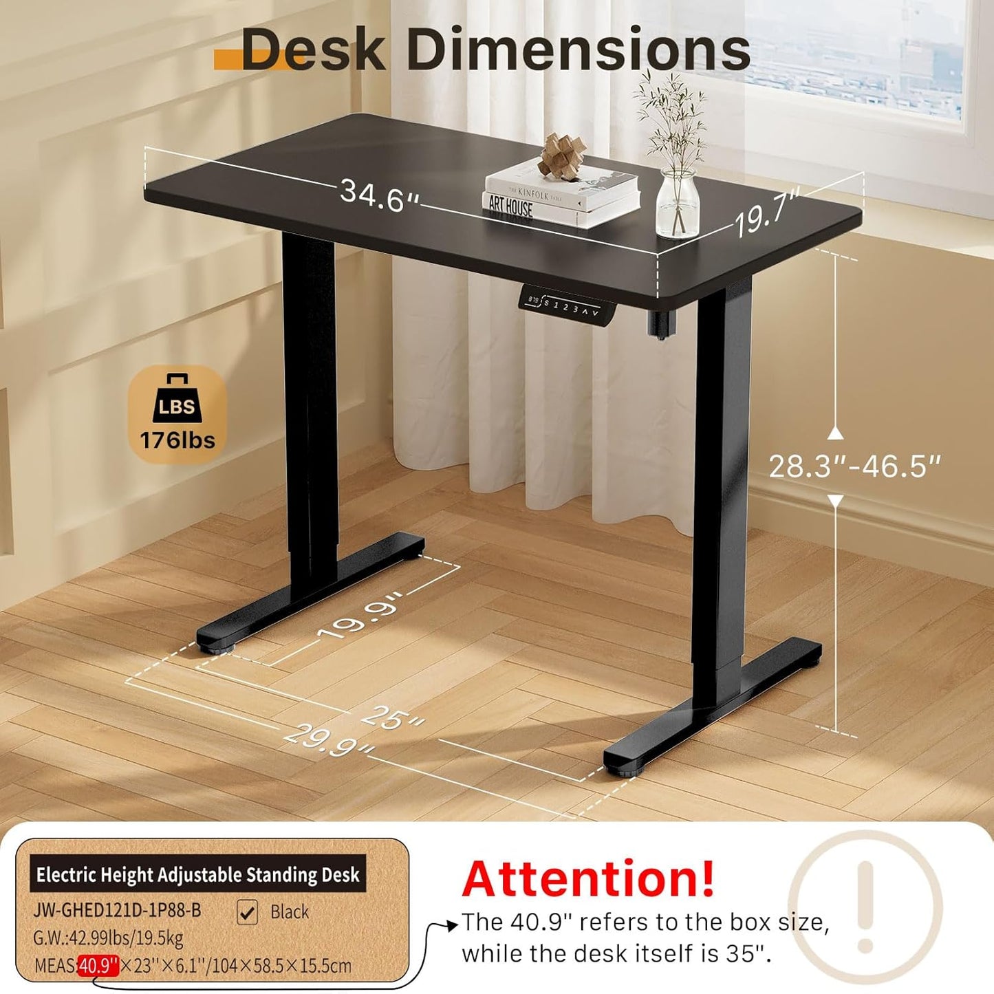 JOY worker Small Electric Standing Desk, 35" x 20" Whole Piece Height Adjustable Desk with Memory Controller, Black Sit to Stand Desk Workstation for Home Office