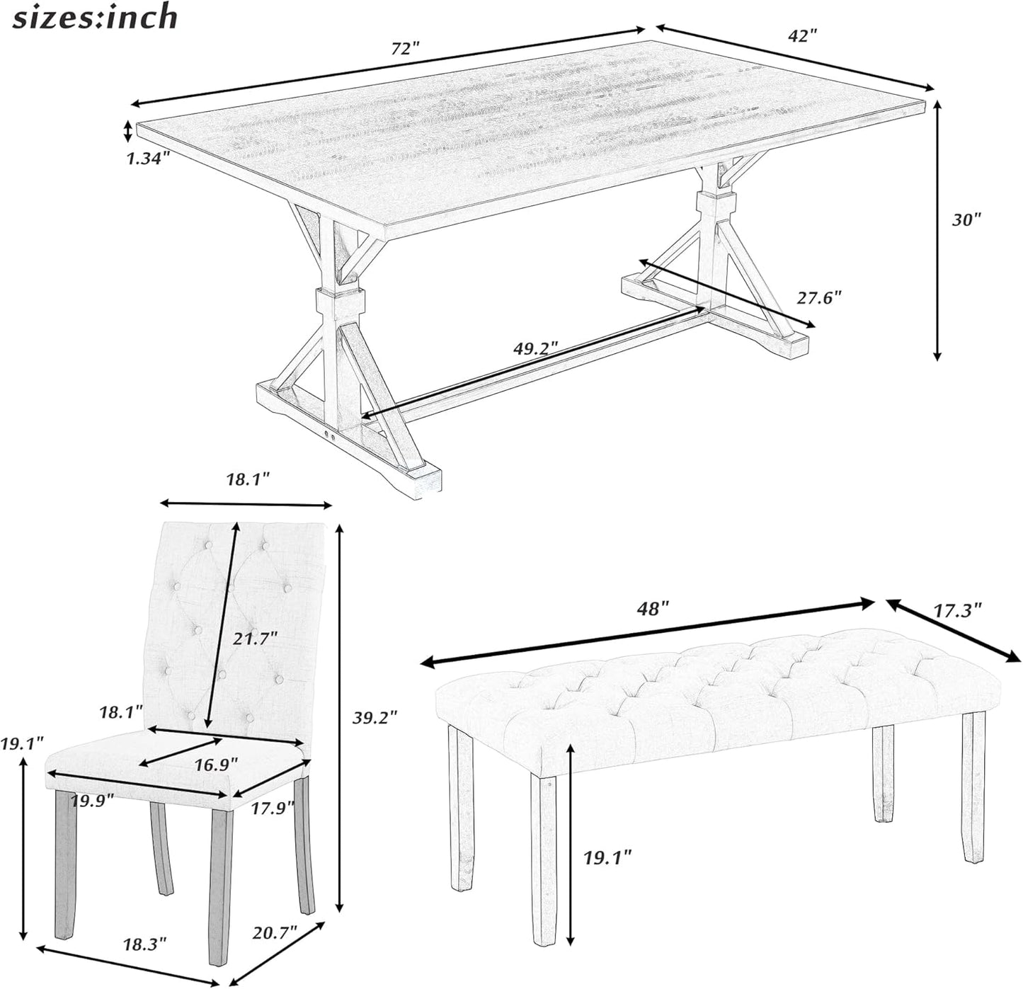 Ball & Cast 6 Piece Dining Table Set with 4 Upholstered Chairs and 1 Bench,Wooden Living Room Furniture for 6 W/ 72" Rectangle Desk,for Small Space,Apartment,Dining Room,Gray