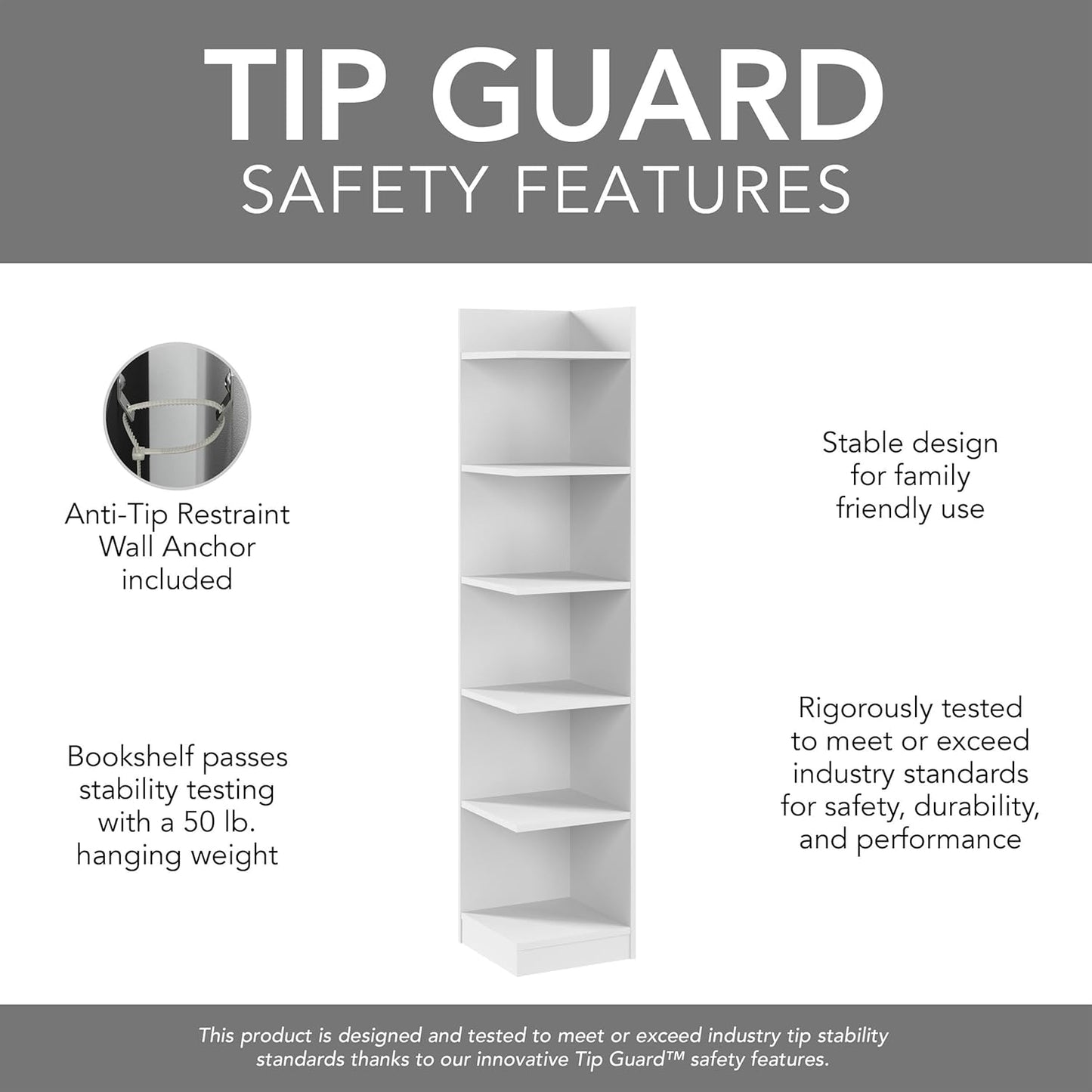 Bush Furniture Universal 15W Tall Corner Bookshelf in White, 6 Shelf Narrow Bookcase for Home Office Storage or Living Room Organization