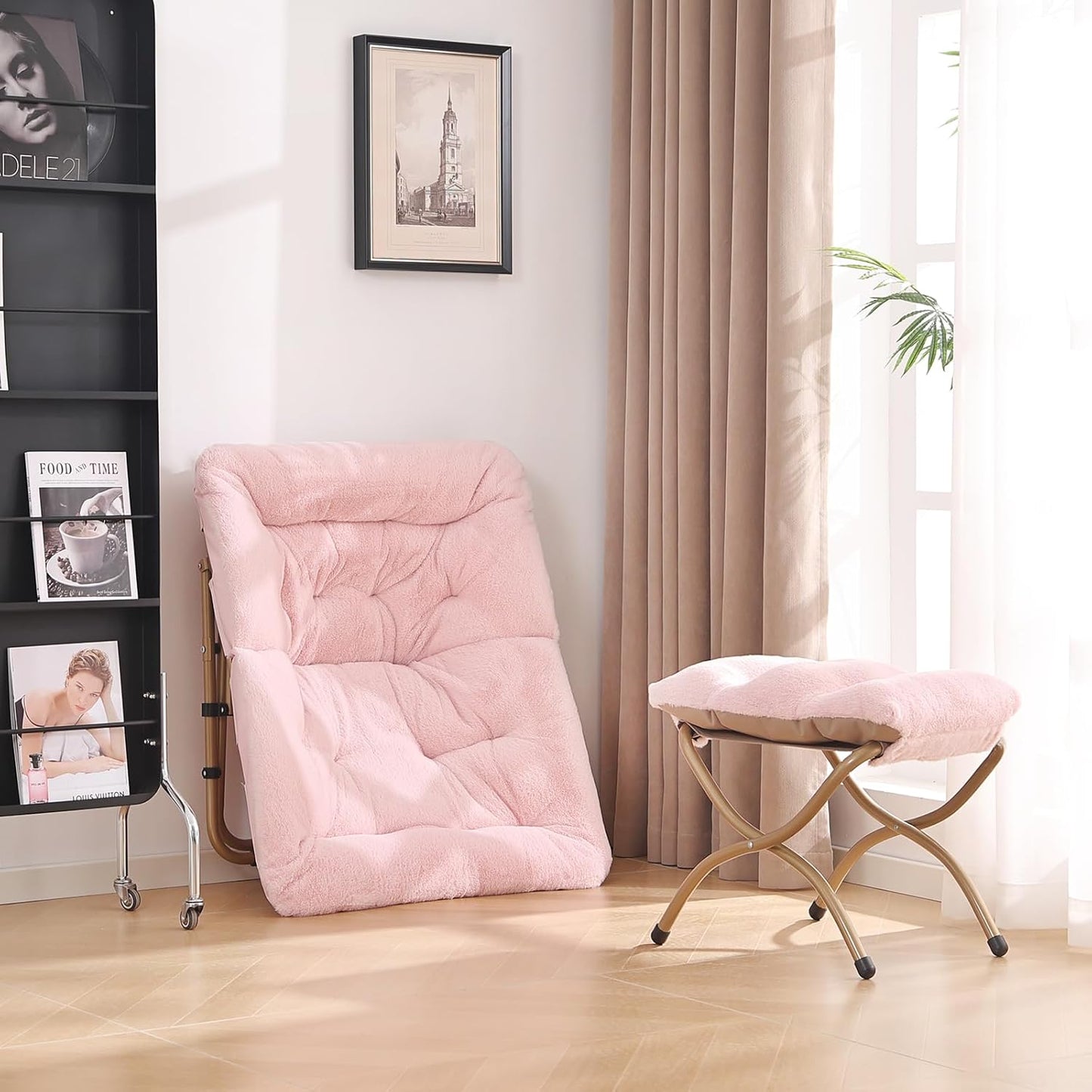 Comfy Saucer Chair with Ottoman, Oversized Folding Faux Fur Chair Soft Furry Lounge Lazy Chair with Metal Frame Moon Chair Accent Chair for Bedroom, Living Room, Dorm Rooms