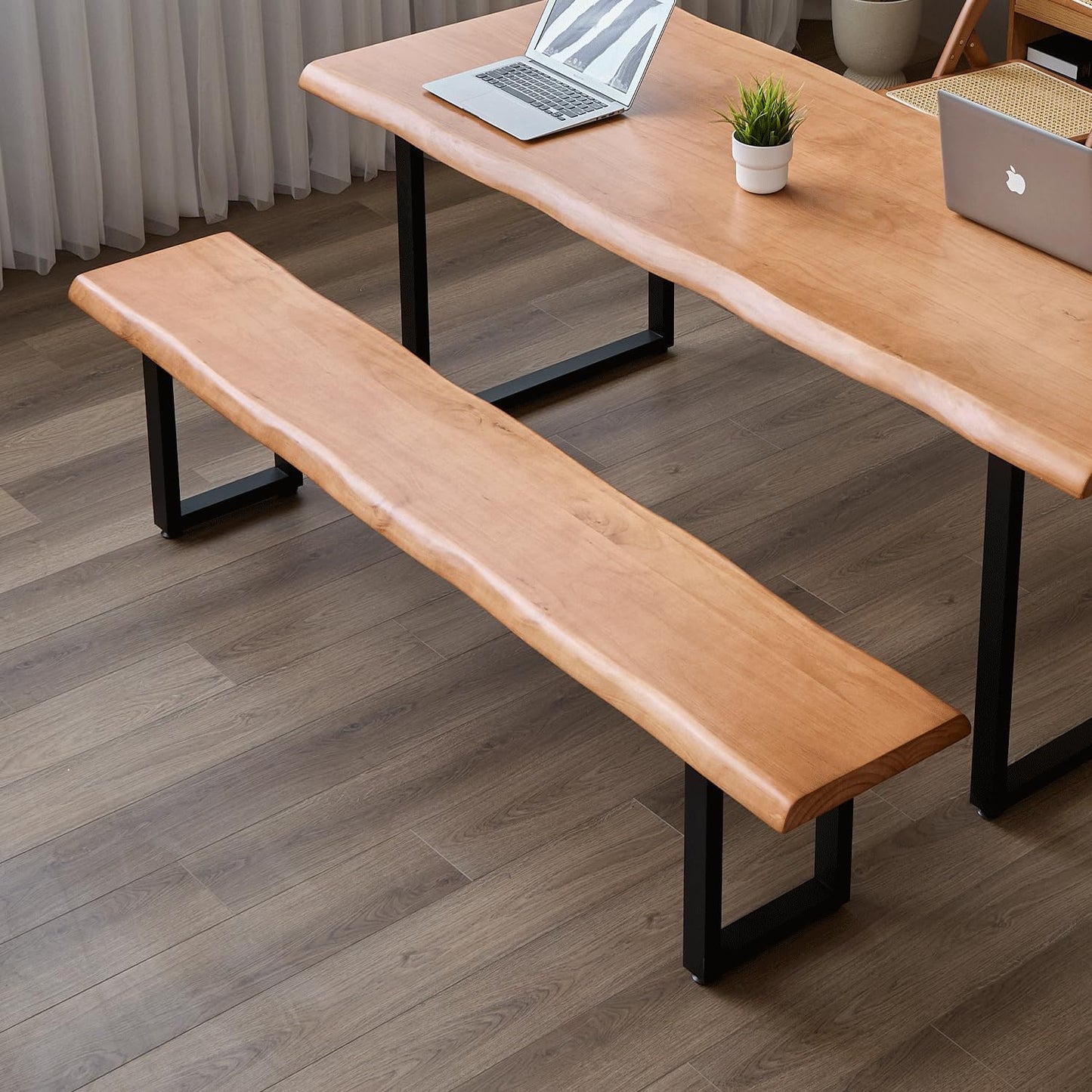 Brown Bench Wooden Long Bench with Metal Legs for Office Restaurant Living Room Meeting Room Indoor Seating Multiple （tan bench70.87in）