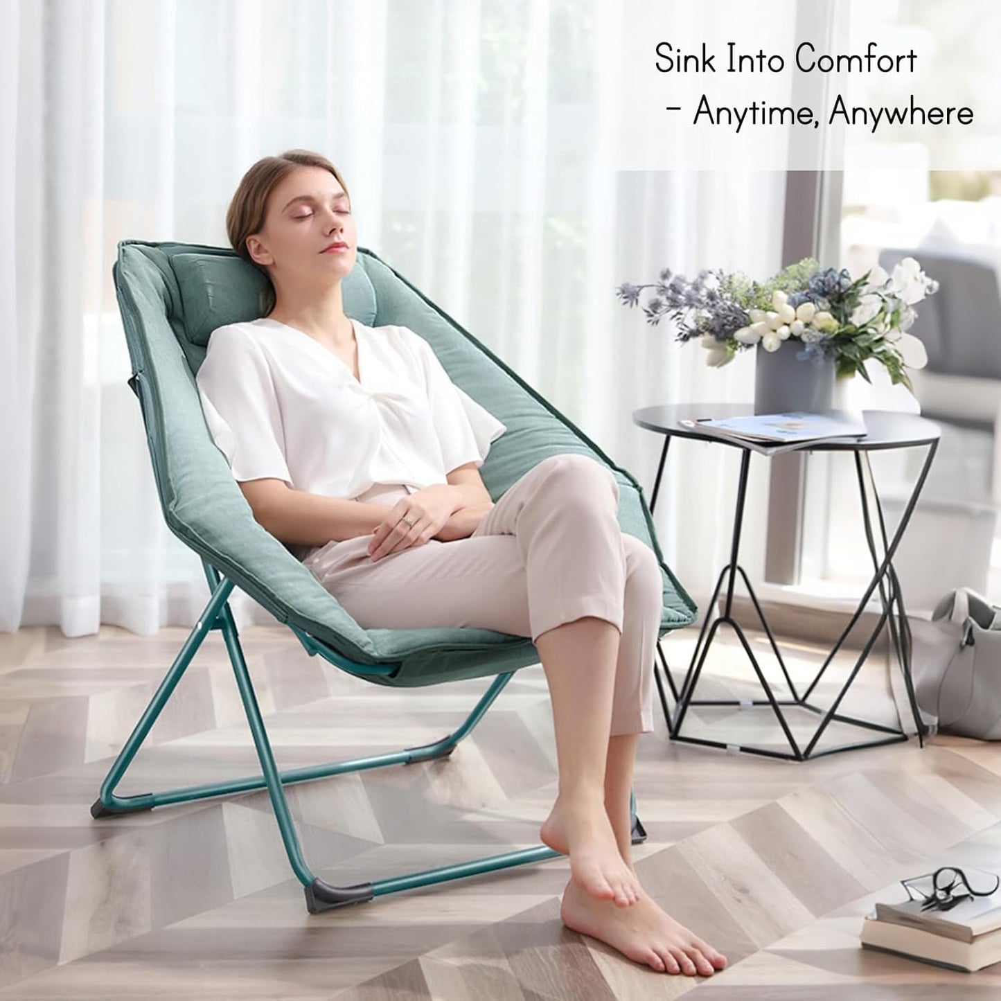 Hexagon Foldable Living Room Chair, Saucer Chair for Adults, Comfy Bedroom Lounge Chair, Moon Chair, Lazy Folding Chair for Dorm Rooms (Chair-Green)