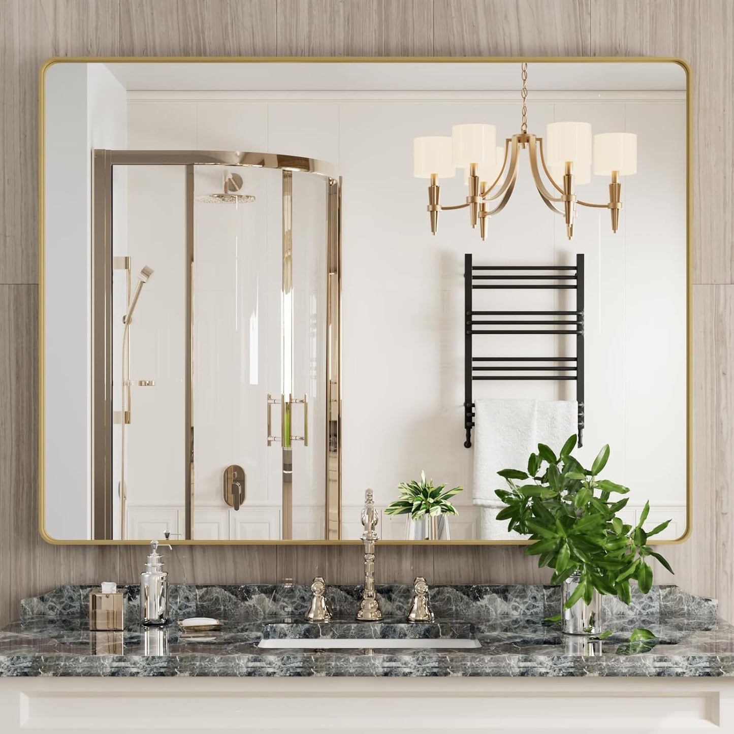 Gold Bathroom Mirror, 48x36 Inch Brushed Gold Metal Frame Mirror for Wall, Rounded Rectangle Bathroom Vanity Mirror, Tempered Glass, Anti-Rust, Horizontal/Vertical