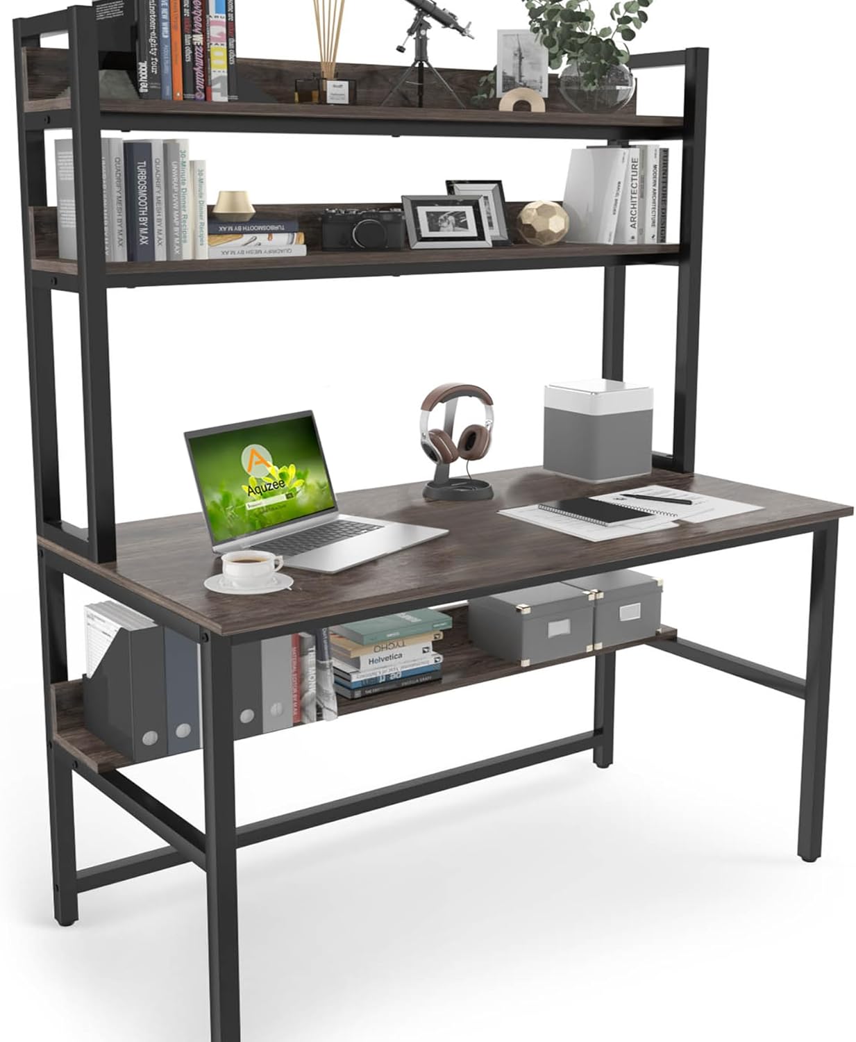 Aquzee Desk with Hutch Bookshelves, Computer Desk with 3 Tiers Storage Shelves, Space Saving Design Black Metal Legs Desk with Grey Board, Easy Assemble
