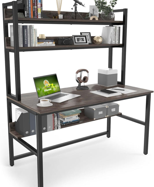 Aquzee Desk with Hutch Bookshelves, Computer Desk with 3 Tiers Storage Shelves, Space Saving Design Black Metal Legs Desk with Grey Board, Easy Assemble