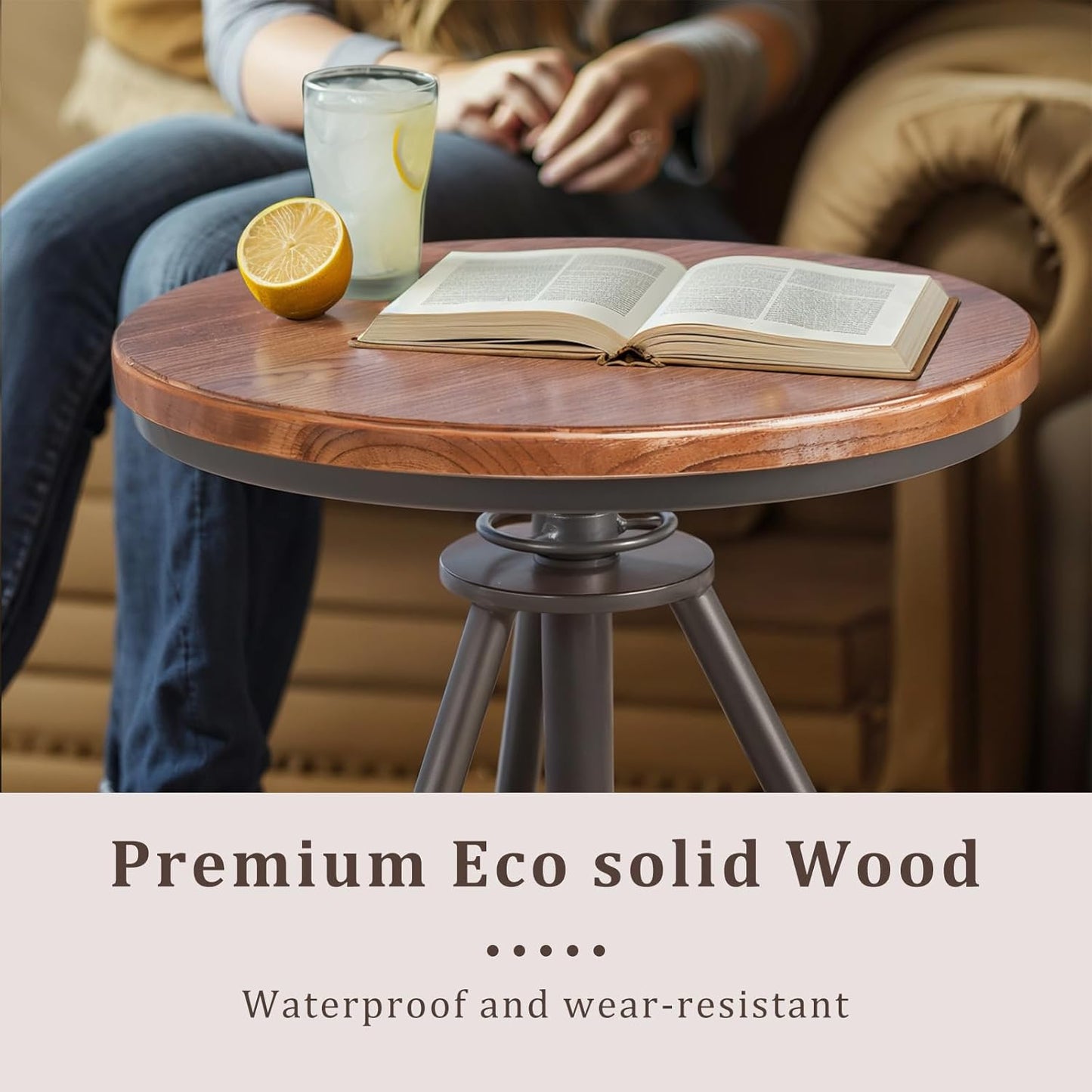 Dia 19.7" Round Pub Table Height Adjustable with 360 Swivel Solid Wood Tabletop for Dining Bistro Cafe Home Bar, Rustic Brown