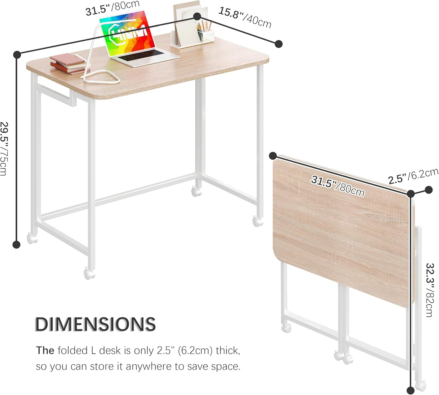 4NM 31.5" Mobile Small Rolling Computer Desk, Folding Laptop Cart Table with Wheels, Portable Office Desk for Small Space Couch Bed - Natural and White