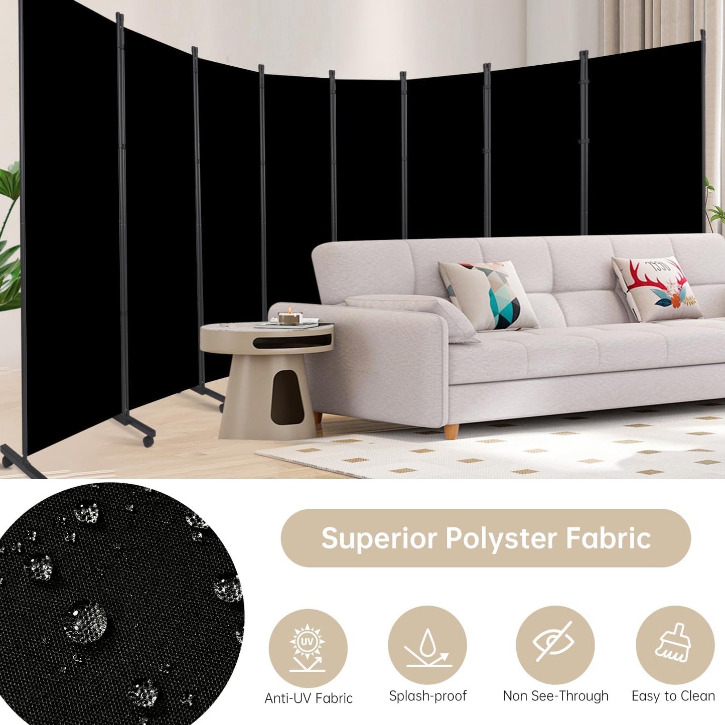 Room Divider 8 Panel Room Dividers/Wheels, Room Divider Panel for Office Room Partitions and Dividers, Portable Partition Wall Divider for Room Separation, Fabric Folding Room Dividers and Screens