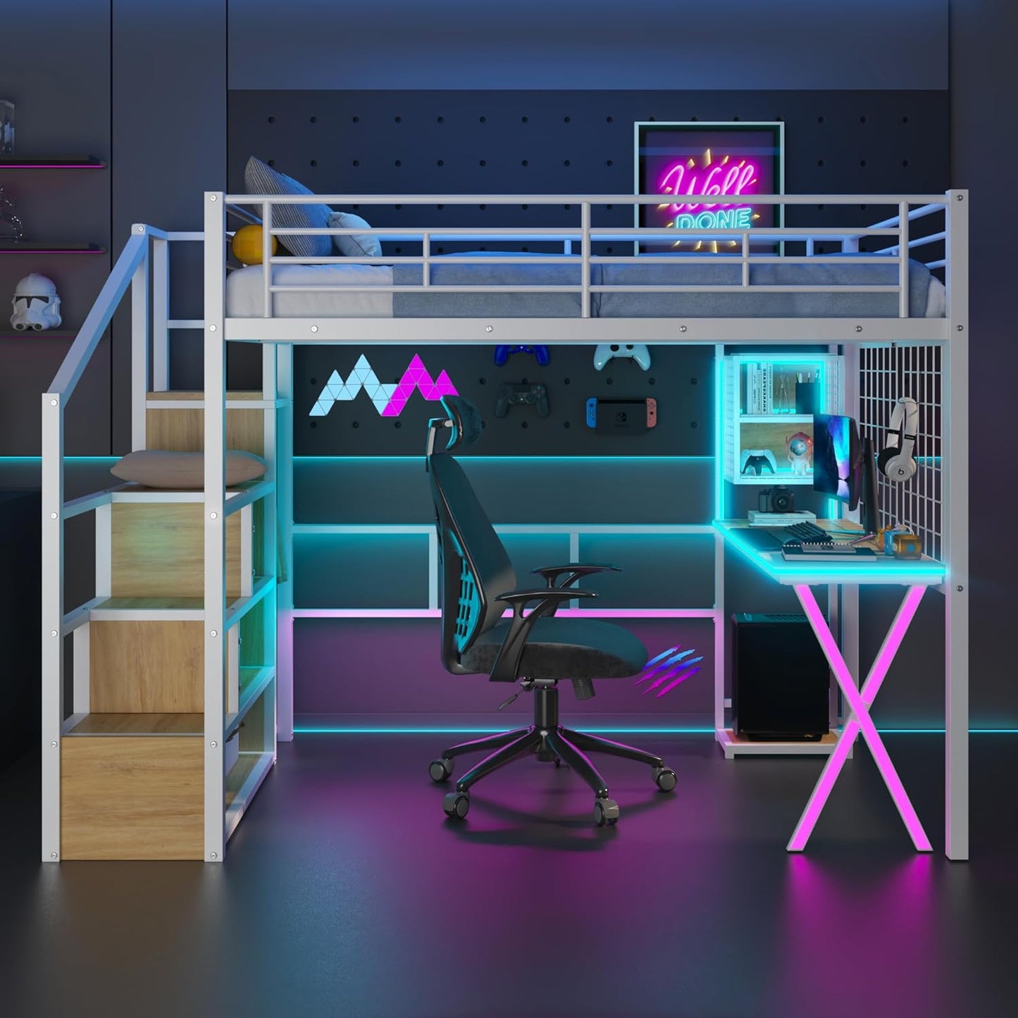 Merax Full Size Metal Loft Bed with Built-in Work Station, Wardrobe, Storage Staircase and LED, Gaming Bed for for Kids Teens Adults, Full-Length Guardrails, No Box Spring Needed, White