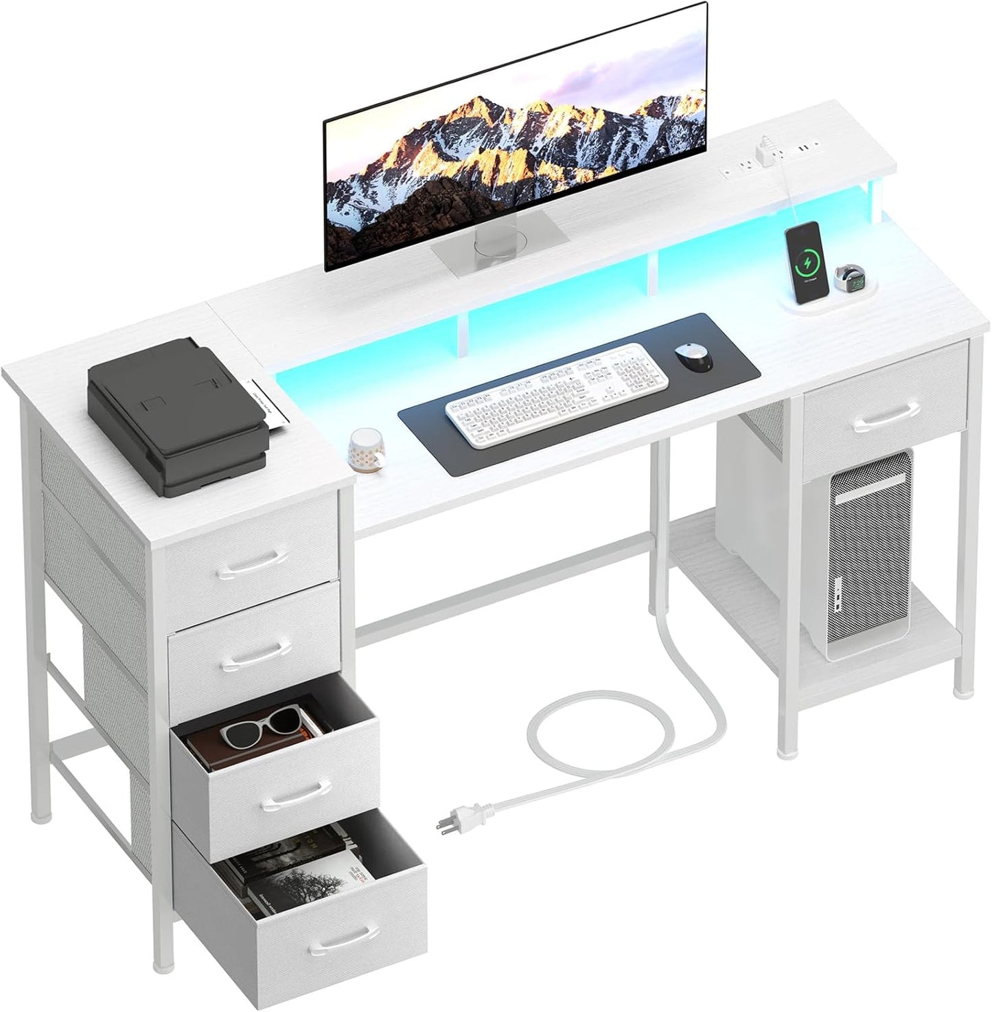 47 Inch Computer Gaming Desk with Power Outlets LED Lights Reversible Home Office with Adjustable Fabric Storage Drawers for Working Writing Study, White