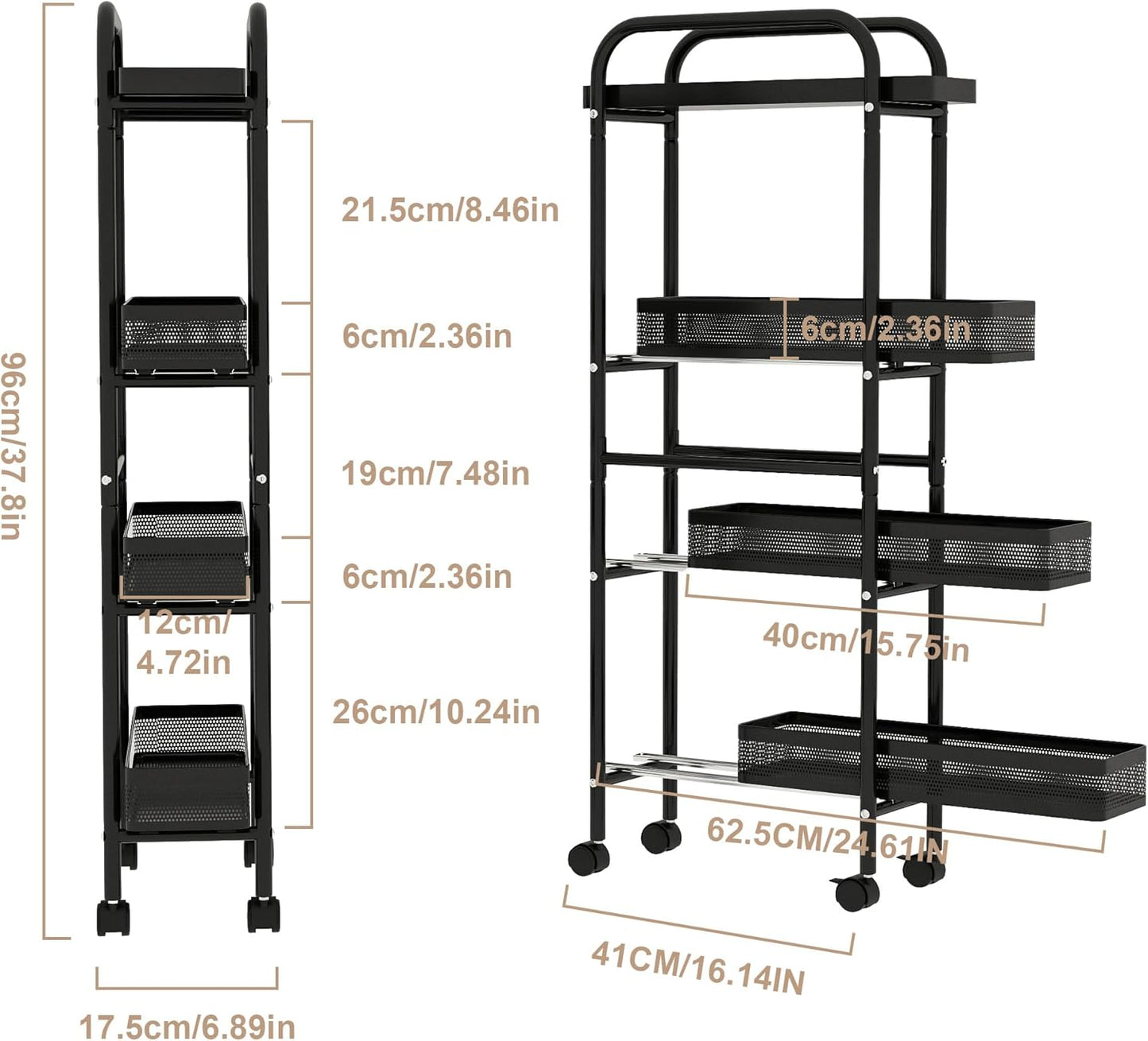 UMDONX Slim Storage Cart 4 Tier with Pull Out Basket Bathroom Organizer Rolling cart, Rolling Utility Cart Slide Out Organizer for Kitchen, Bathroom, Laundry Black