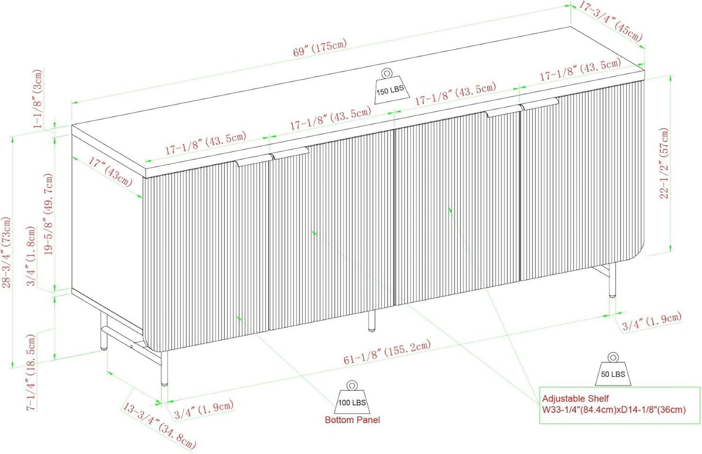 Walker Edison Reema Fluted 4-Door Kitchen Sideboard Buffet Console, 69 Inch, Black