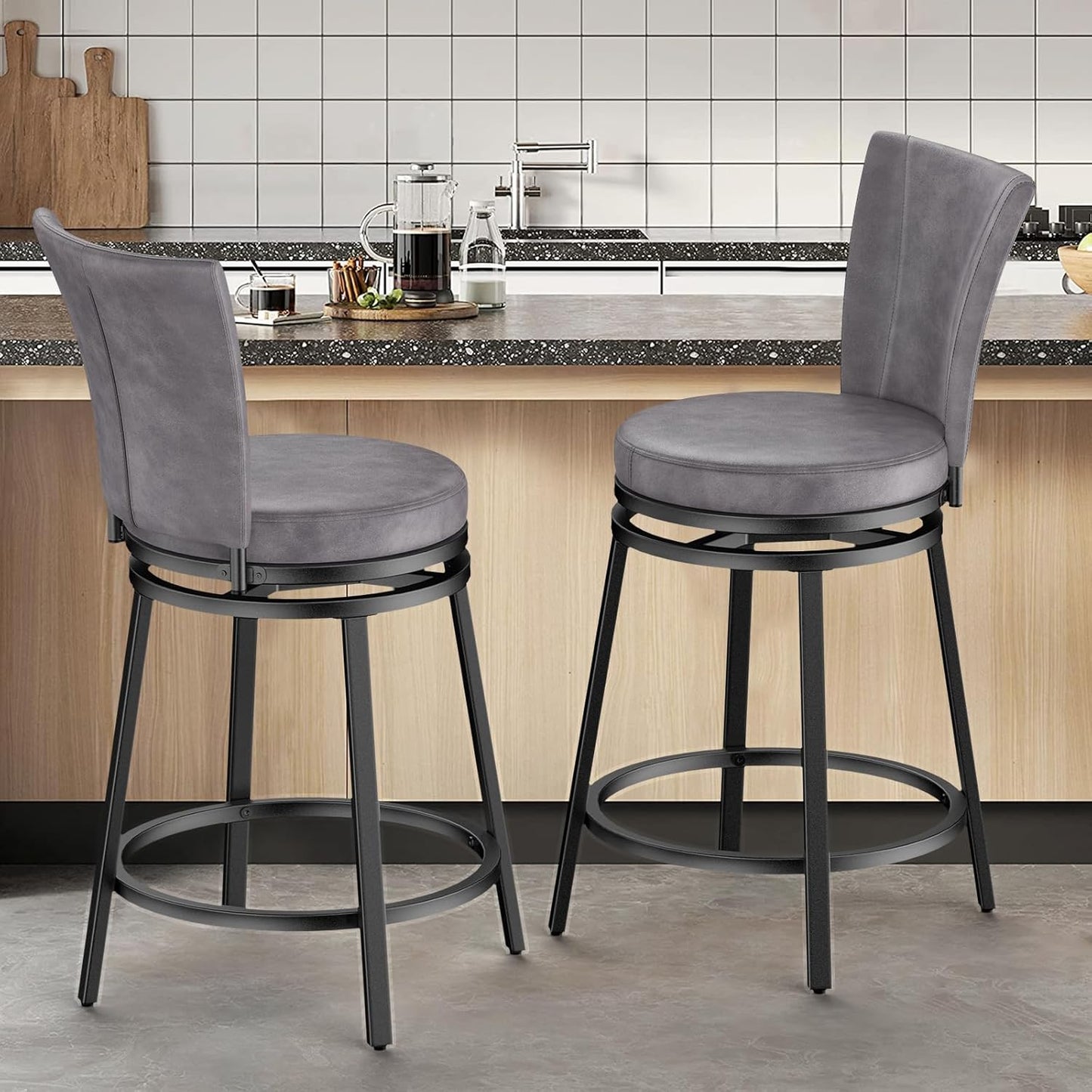 Bar Stools Set of 2, Counter Height Swivel Bar Chair with High Backrest, 24" Round Seat Barstools for Kitchen Island, Pub, Metal Base, Upholstered PU Leather Dining Chairs Grey