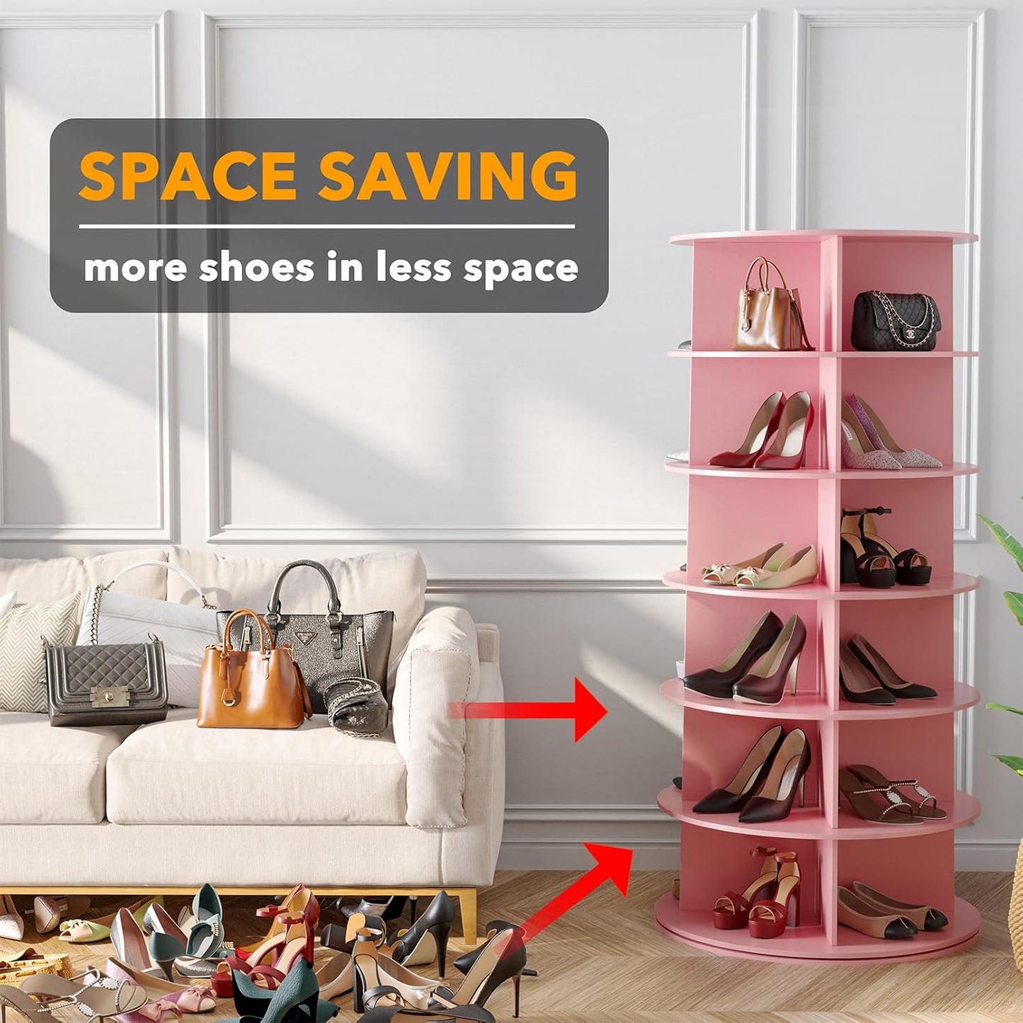 SpaceAid 6 Tier Rotating Shoe Rack Tower, Spinning Shoe Display Lazy Susan, Revolving 360 Shoe Rack Storage Round Carousel, Vertical Handbag Rotate Shoes Closet Organization (6-Tier Pink)