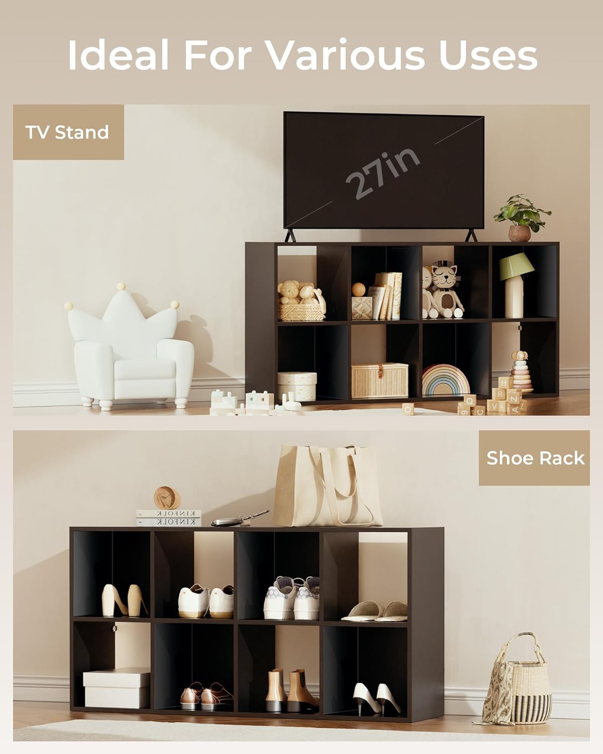 GTPLAYER 8-Cube Storage Organizer, Fits 11" Bins, Vertical or Horizontal Use, Opening Bookshelf, Partial Back Panels, Stackable Design Bookcase, for Living Room, Media Console, Hallway, Black