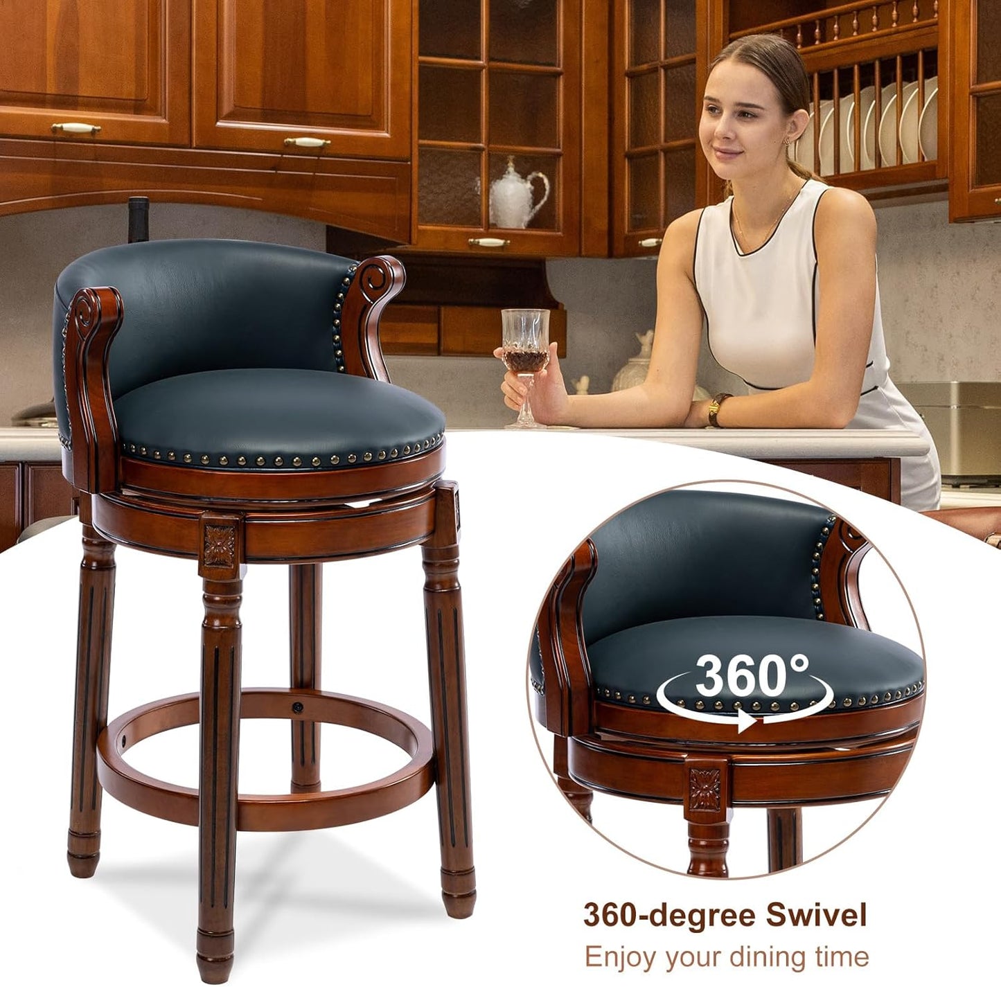 CozyRain Bar Stools Rubber Wood Counter Height Bar Stool Leather Upholstered Swivel Barstools with Back & Footrest for Home,Kitchen,Counter,Dining Room (Navy Blue, Seat Height 26 in)