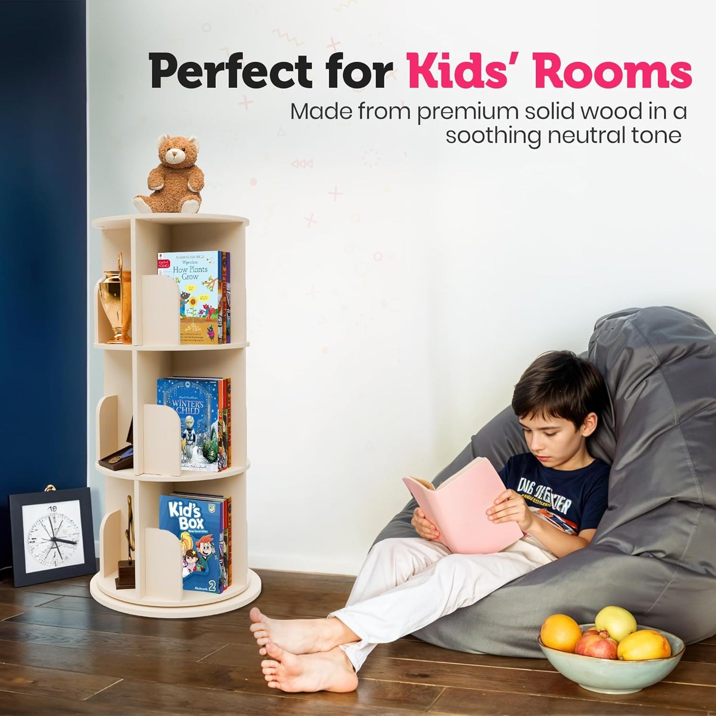 Rotating Kids Bookshelf – 3-Tier 360° Spinning Bookcase Tower, Solid Pine Wood, 12 Cubbies, Toddler Bookshelf Organizer & Lazy-Susan Storage for Nursery, Classroom or Playroom (Natural Finish)