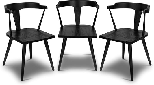POLY & BARK Mid Century Modern Enzo Black Dining Chair – Solid Oak Wood Splat Back Chair, 18" Seat Height, 32" Tall – Stylish MCM Kitchen & Dining Room Chair - Set of 3