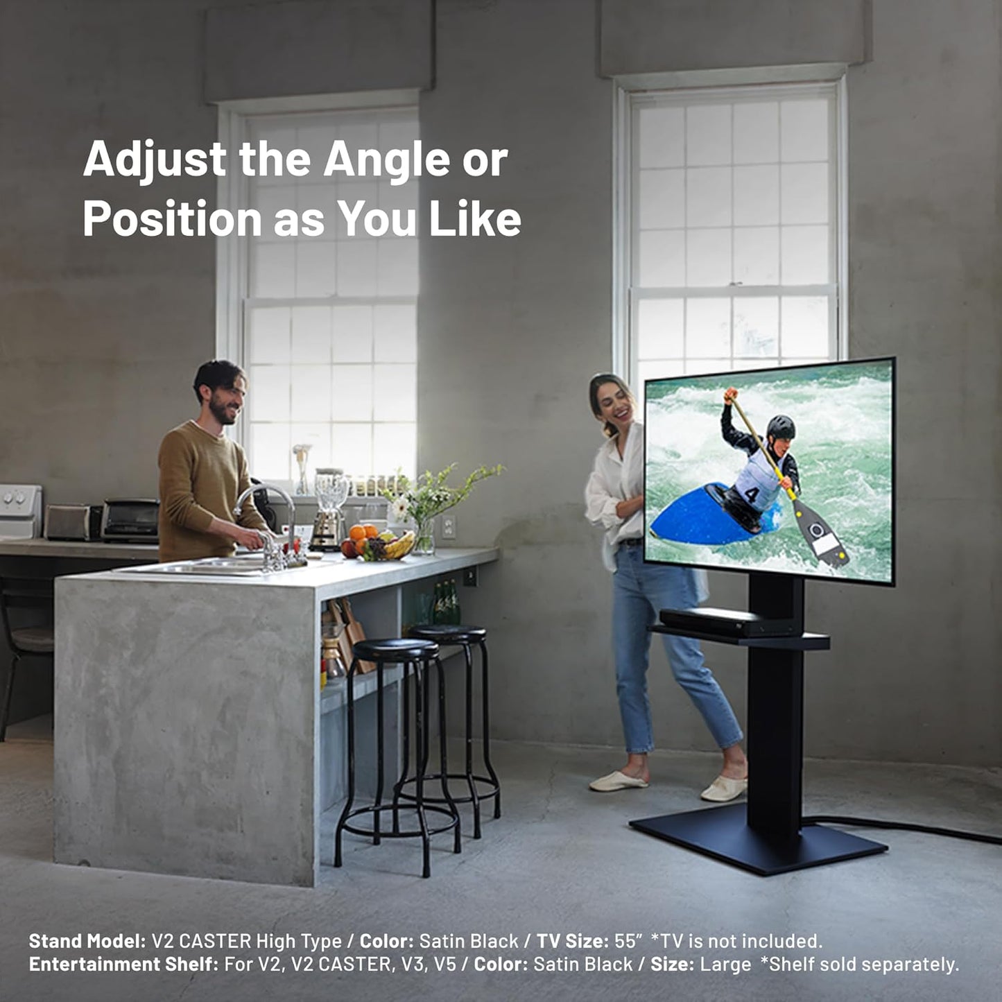 WALL V2 Caster High Type | Minimalist Rolling TV Stand for 32–60 Inch | Satin White | Portable, Space Saving, Height Adjustable, No Drill | for Living Room and Bedroom | Japanese Design & Engineering