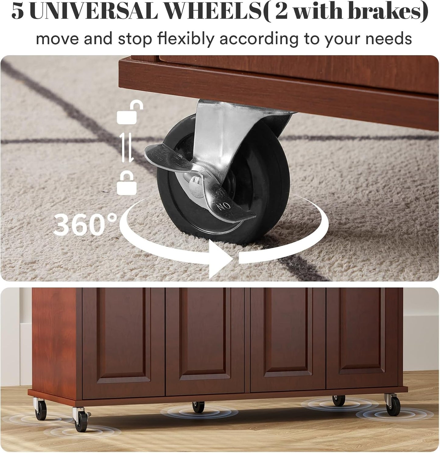 Rovibek Kitchen Island On Wheels Rolling Islands with Storage & Drawers Cabinet Spice Rack Towel Rack, Brown