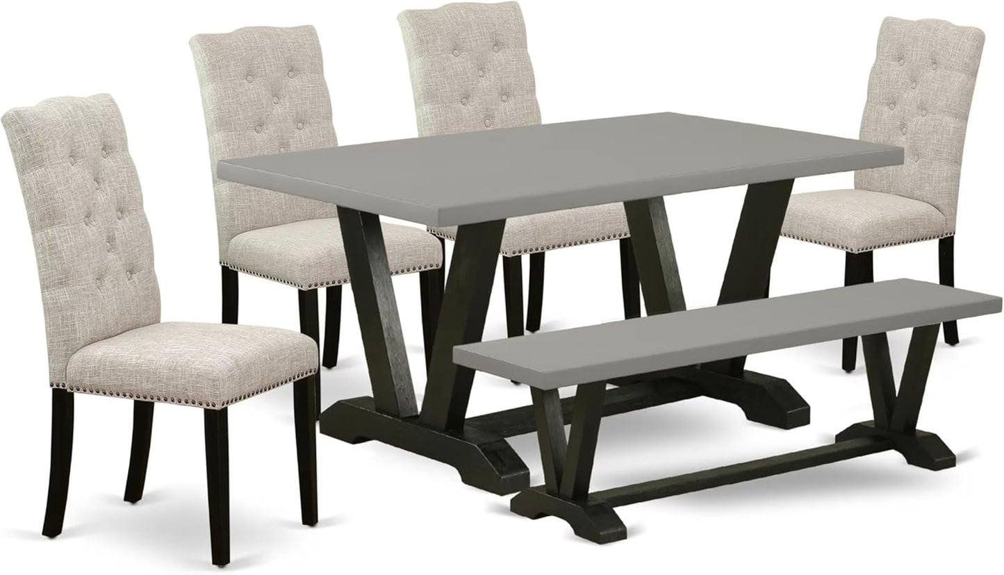 East West Furniture V697EL635-6 6 Piece Dining Table Set Contains a Rectangle Dining Room Table with V-Legs and 4 Doeskin Linen Fabric Parson Chairs with a Bench, 40x72 Inch, Multi-Color
