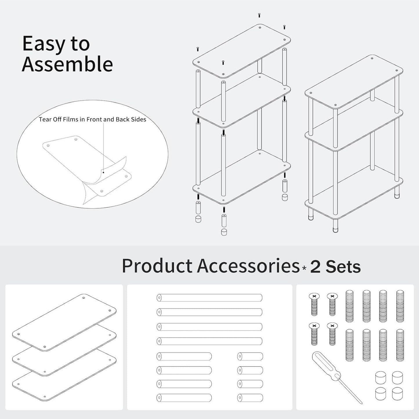 Clear Acrylic Narrow Side Table Set of 2 for Small Spaces, 15.75" L x 7.87" W x 24.6" H, 3 Tier Rectangle Slim End Table Nightstand, Small Bedside Table for Bedroom, Bathroom, Living Room