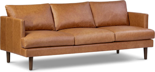 Poly & Bark Girona Leather Couch - 88 Inch Sofa with Tufted Back - Sofa for Living Room with Feather-Down Topper - Living Room Couch - Full-Grain Vintage Italian Leather in Cognac Tan