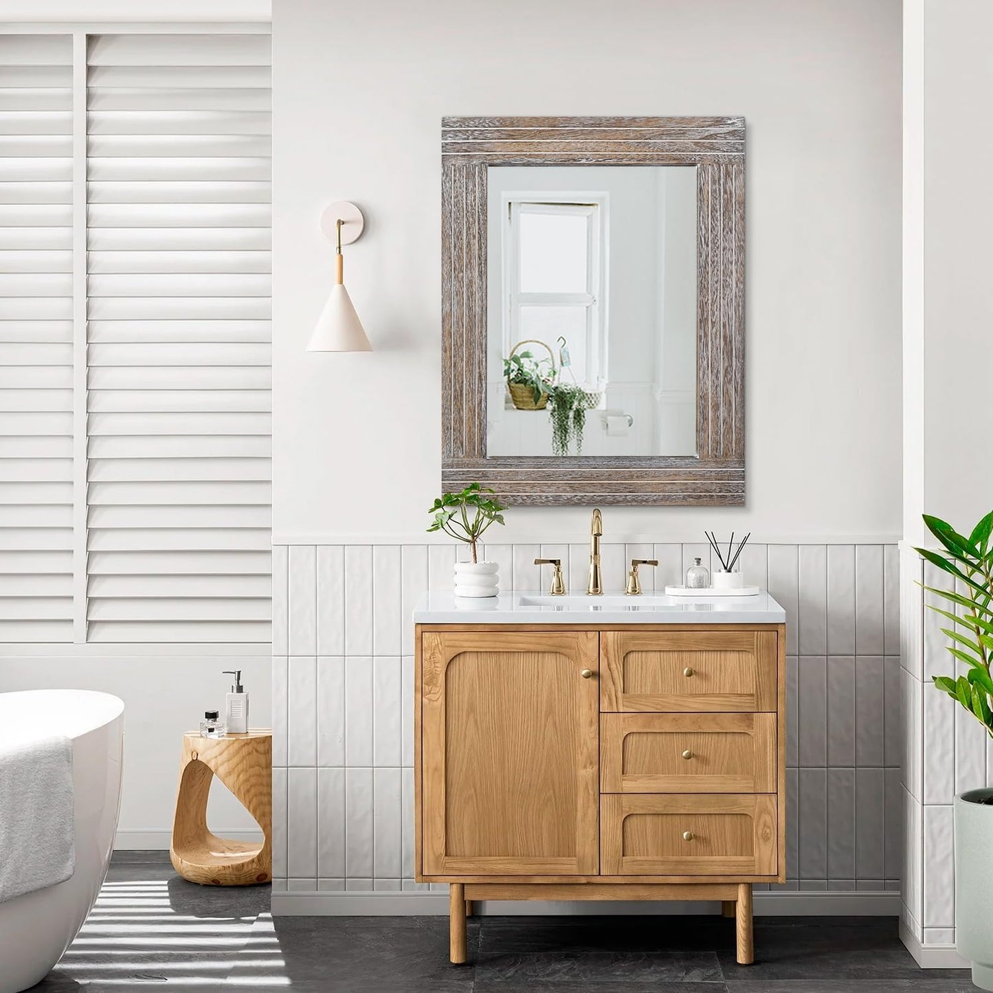 Wall Mirror Rustic Wooden Frame Rectangle Mirror Vintage Hanging Mirror for Bedroom Bathroom Living Room Farmhouse Wall Decor Large 26" x 18"