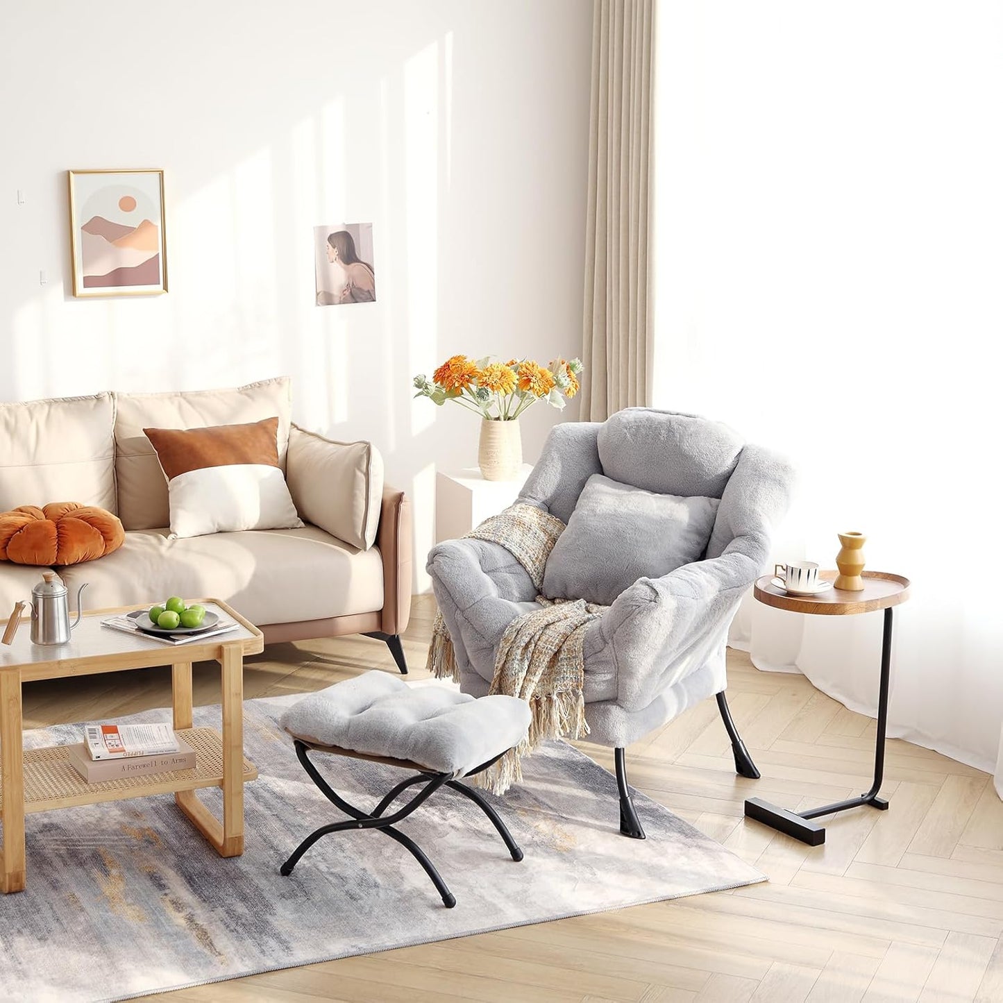 Lazy Chair with Ottoman, Comfy Reading Lounge Chair with Footstool & Throw Pillow Modern with Armrests & Side Pocket for Living Room, Bedroom, Dorm Room, Plush Grey