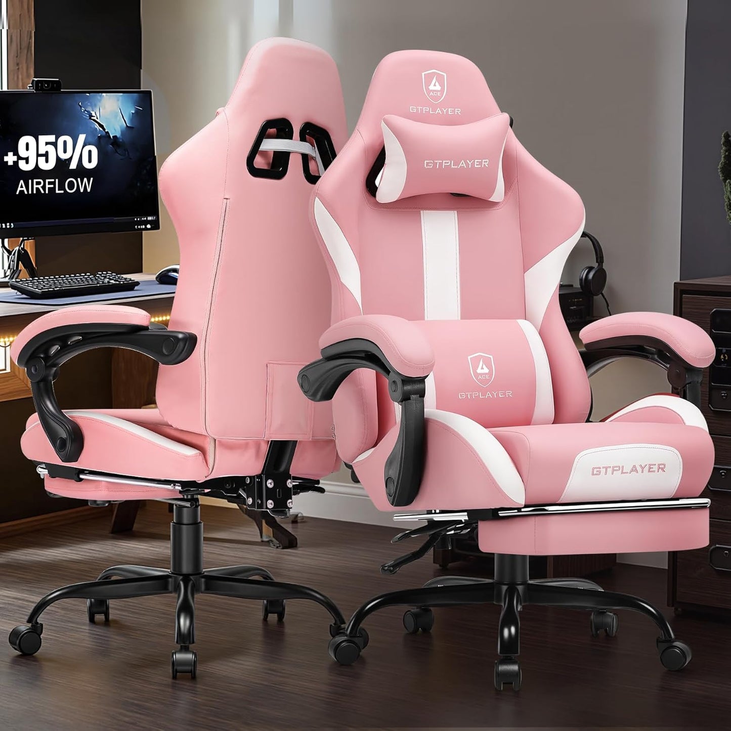 GTRACING Gaming Chair with Foot Rest & Pocket Spring Cushion, Ergonomic High Back Computer Chair with Headrest & 360°-Swivel Seat for Home Office Desk, PU Leather, Pink