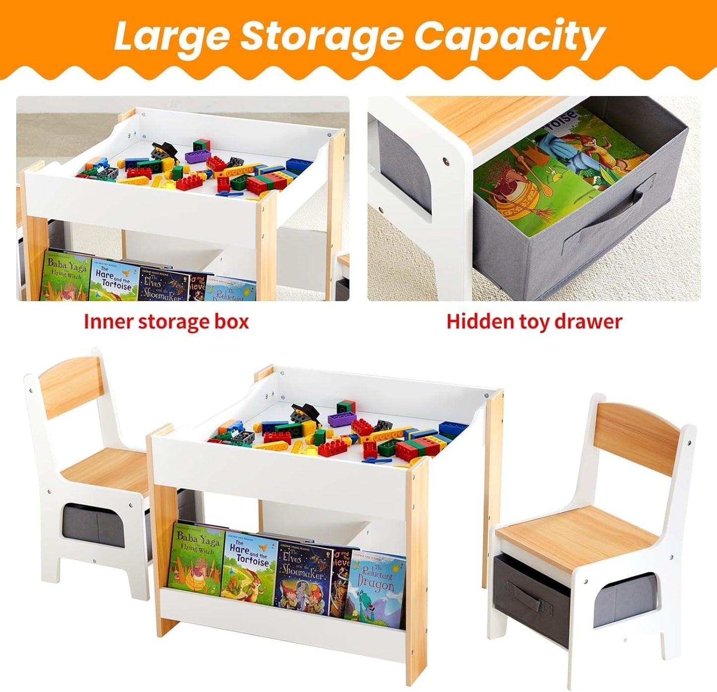 Asweets Kids Table and Chair Set,4 in 1 Toddler Desk with Storage Drawer,Wooden Activity Table for 2 in 1 Detachable Tabletop,Bookshelf,Suitable for Classroom,Home,Nursery,Playroom (Pure White)