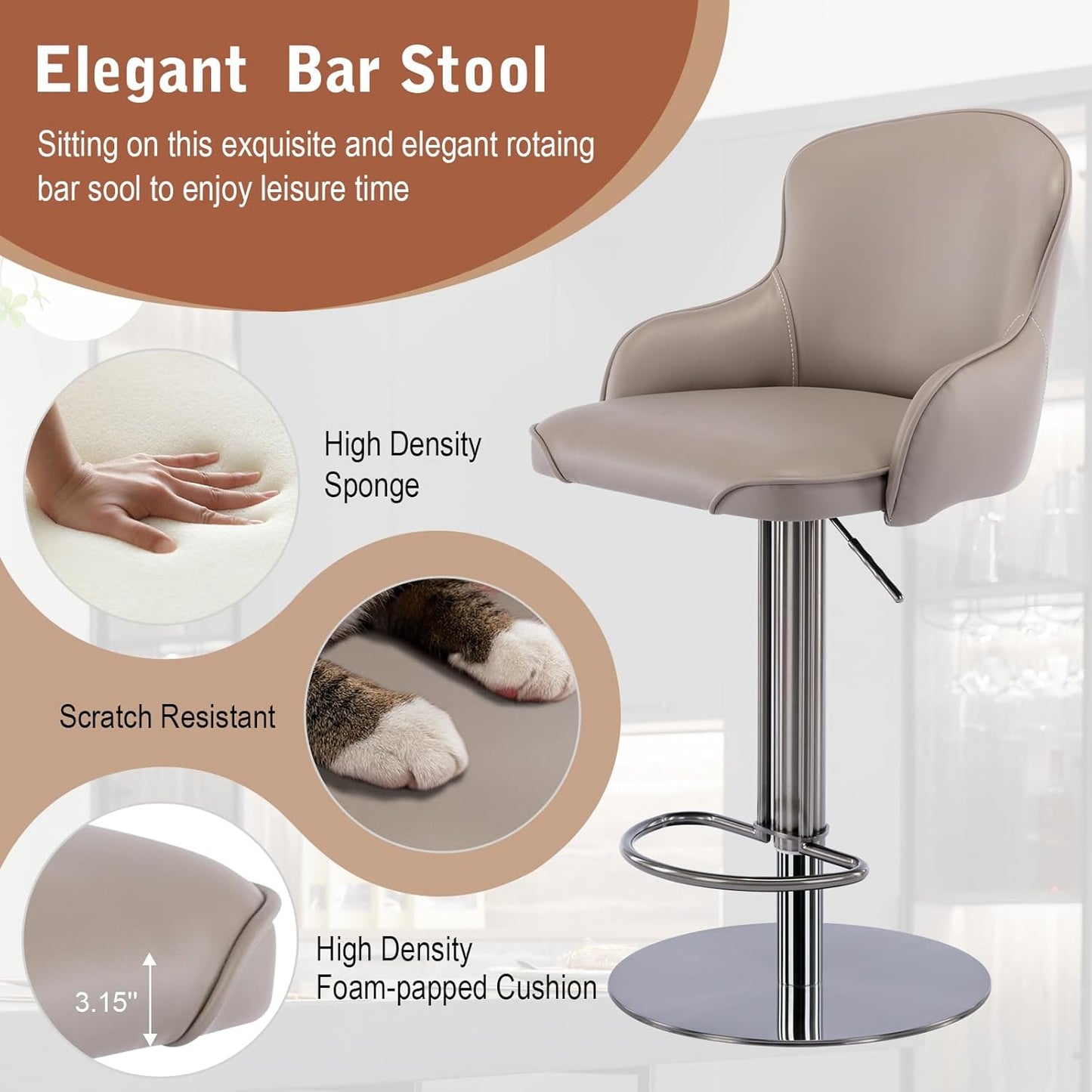 CozyRain Bar Stools Adjustable Stainless Steel Swivel Barstool with Back and Footrest,Modern Leather Upholstered Bar Chairs for Home,Kitchen,Bar, Counter Orange/Grey (2pcs Grey)