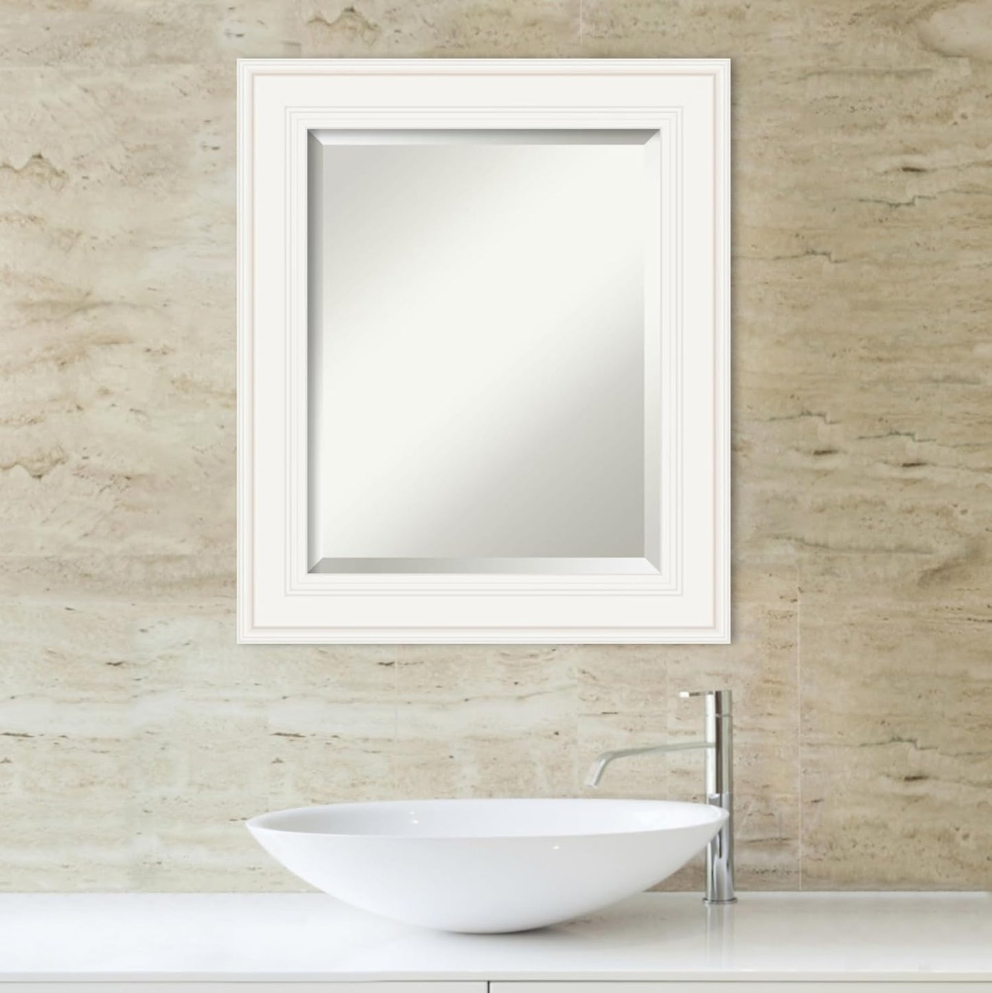 Amanti Art White Bathroom Mirror for Over Sink, 26x22 Ridge White Rectangle Vanity Mirror, Small Traditional Frame, Hangs Horizonally and Vertically, Bathroom Wall Decor, Beveled Edge from WI, USA