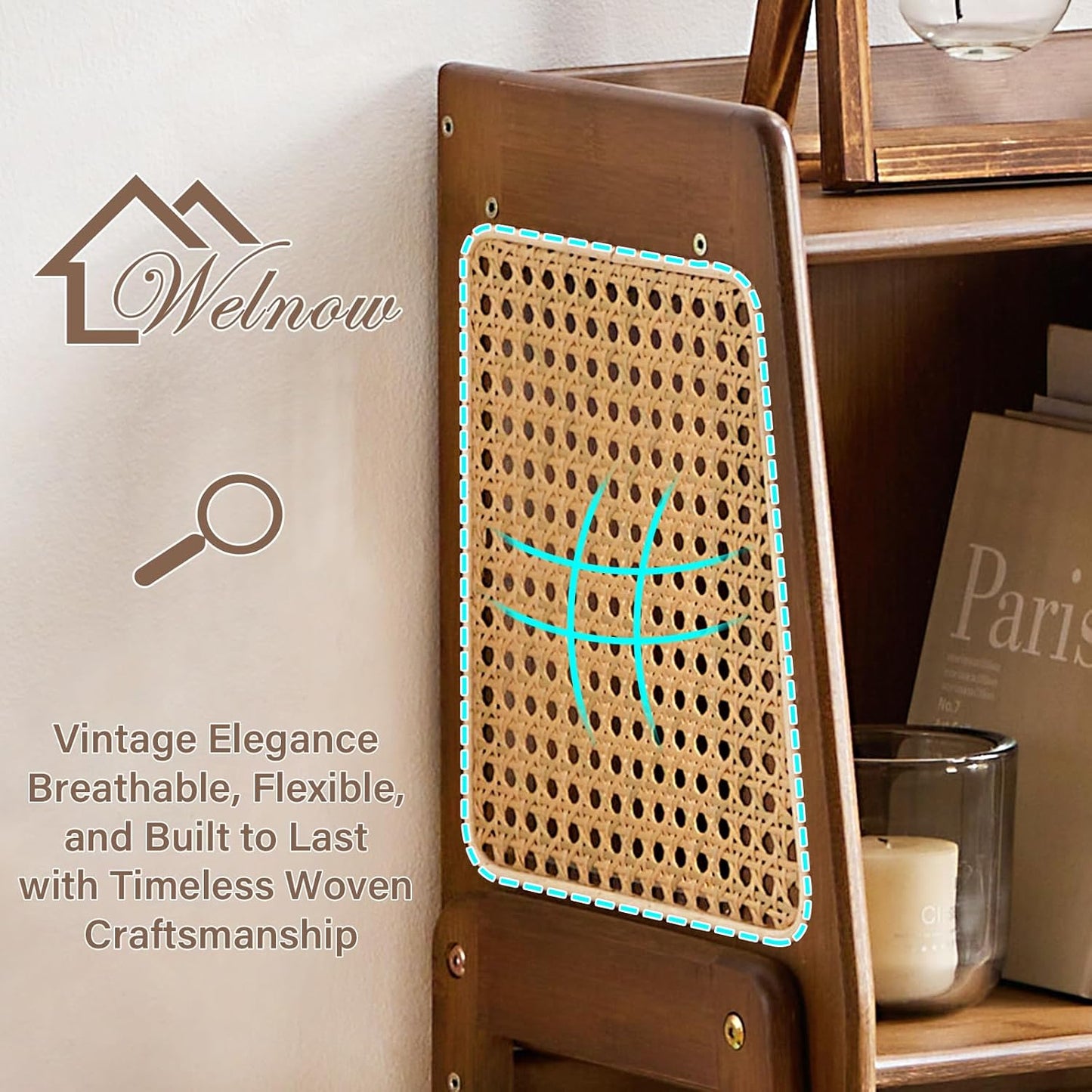 Welnow Bamboo Rattan Bookcase with Cabinet, 2-Tier Storage Shelf with Side Table & End Table Function, Large Modern Wood Organizer for Living Room or Bedroom, Walnut Bookshelf