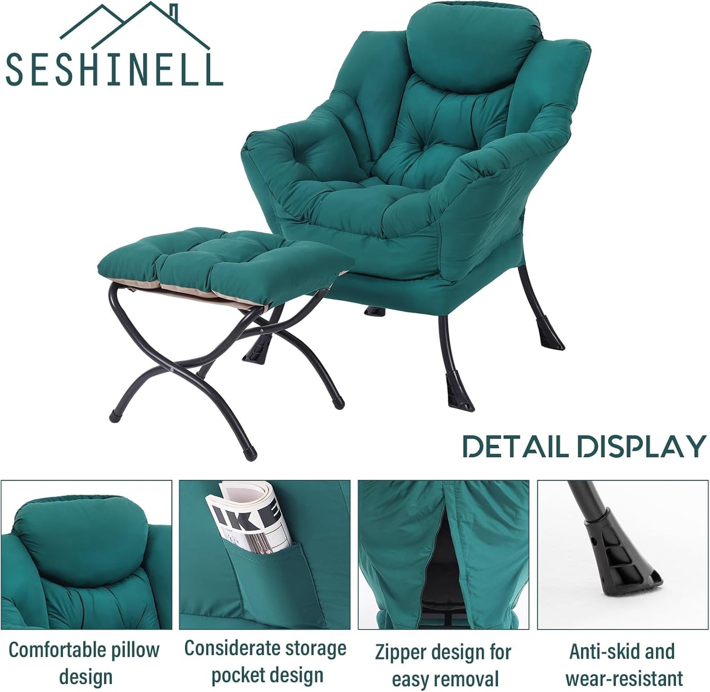 Lazy Chair with Ottoman, Modern Accent Chair Contemporary Lounge Leisure Sofa Chair with Armrests, Reading Chair and Folding Footstool Set for Living Room, Bedroom, Office