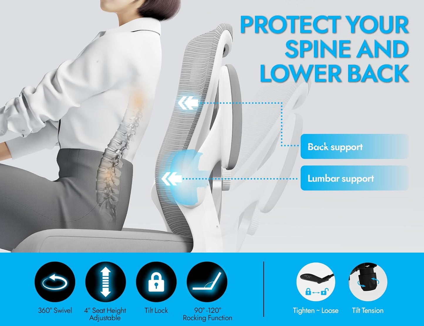 Ergonomic Office Chair with Lumbar Support - Adjustable Computer Desk Chairs for Home Office, Gaming, and Work - Comfortable and Supportive Desk Chairs for Adults(Grey Silver)