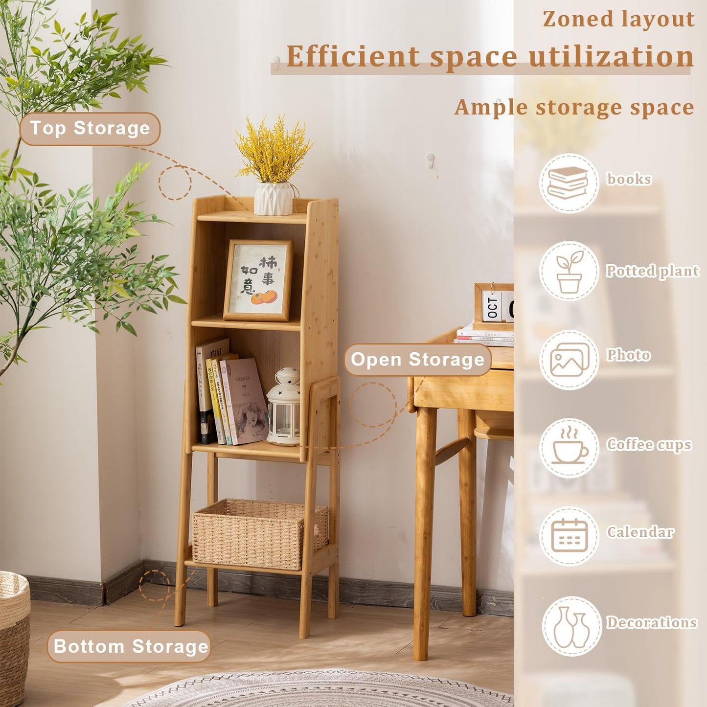 3-Tier Bamboo Bookshelf - Wood Bookcase Organizer with Open Shelves for Living Room & Home Office-Natural Medium