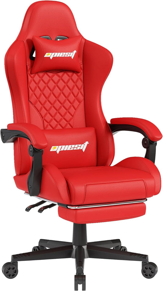 Gaming Chair Office Chair with Footrest, Height Adjustable, Ergonomic Computer Chairs with Pocket Spring Cushion, PU Leather,Video Game Chair 360° Swive,(PU-Red)