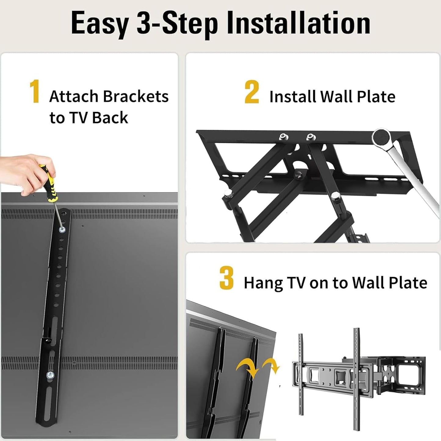 Full Motion TV Wall Mount for 37-80" TVs, Cold-Rolled Steel, VESA 200x200 to 600x400mm, Swivel 120° & Tilt, Supports Up to 99lbs, Durable & Easy Installation